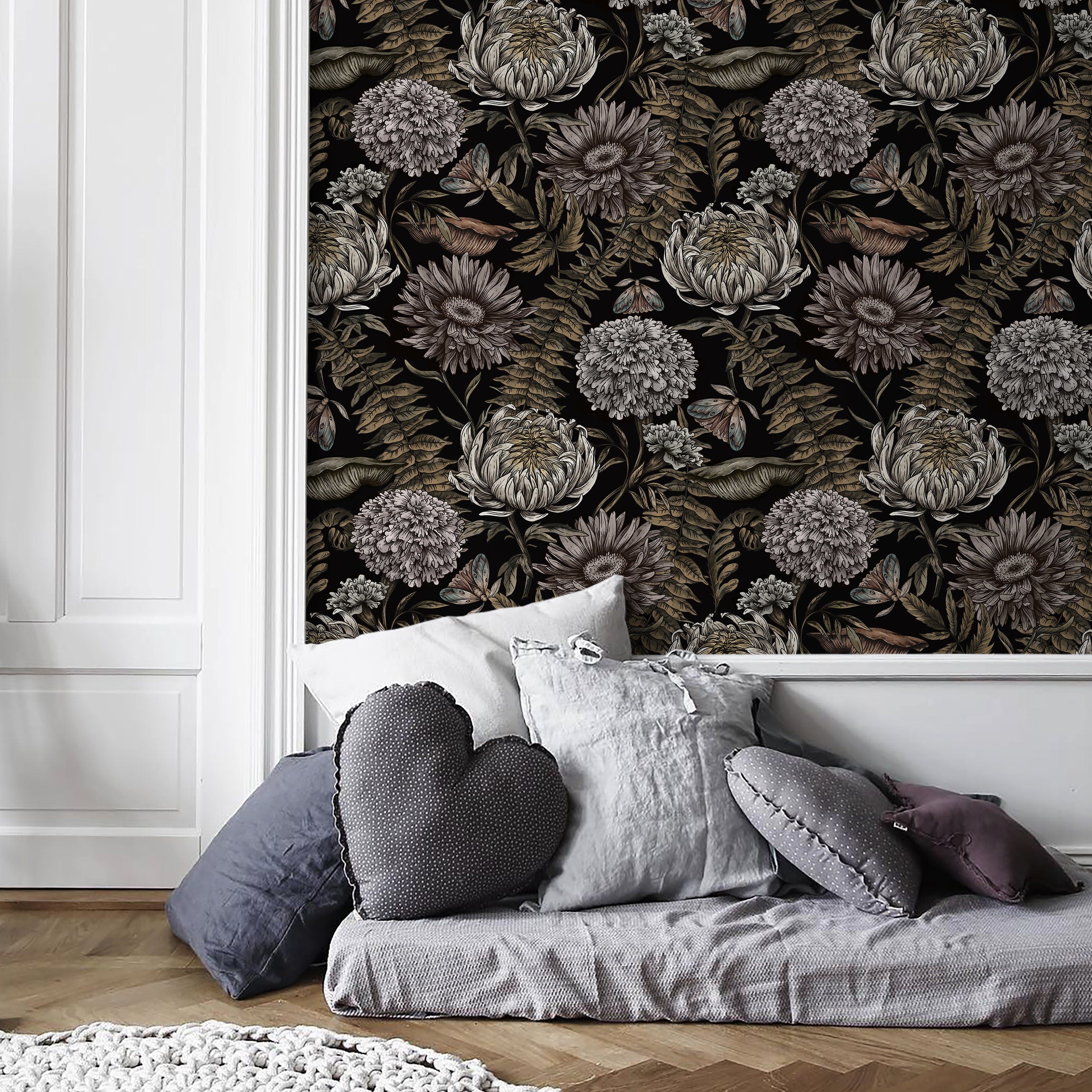 Floral Wallpaper With Vintage Peonies And Moths In Black, Beige, And Muted Green - D823