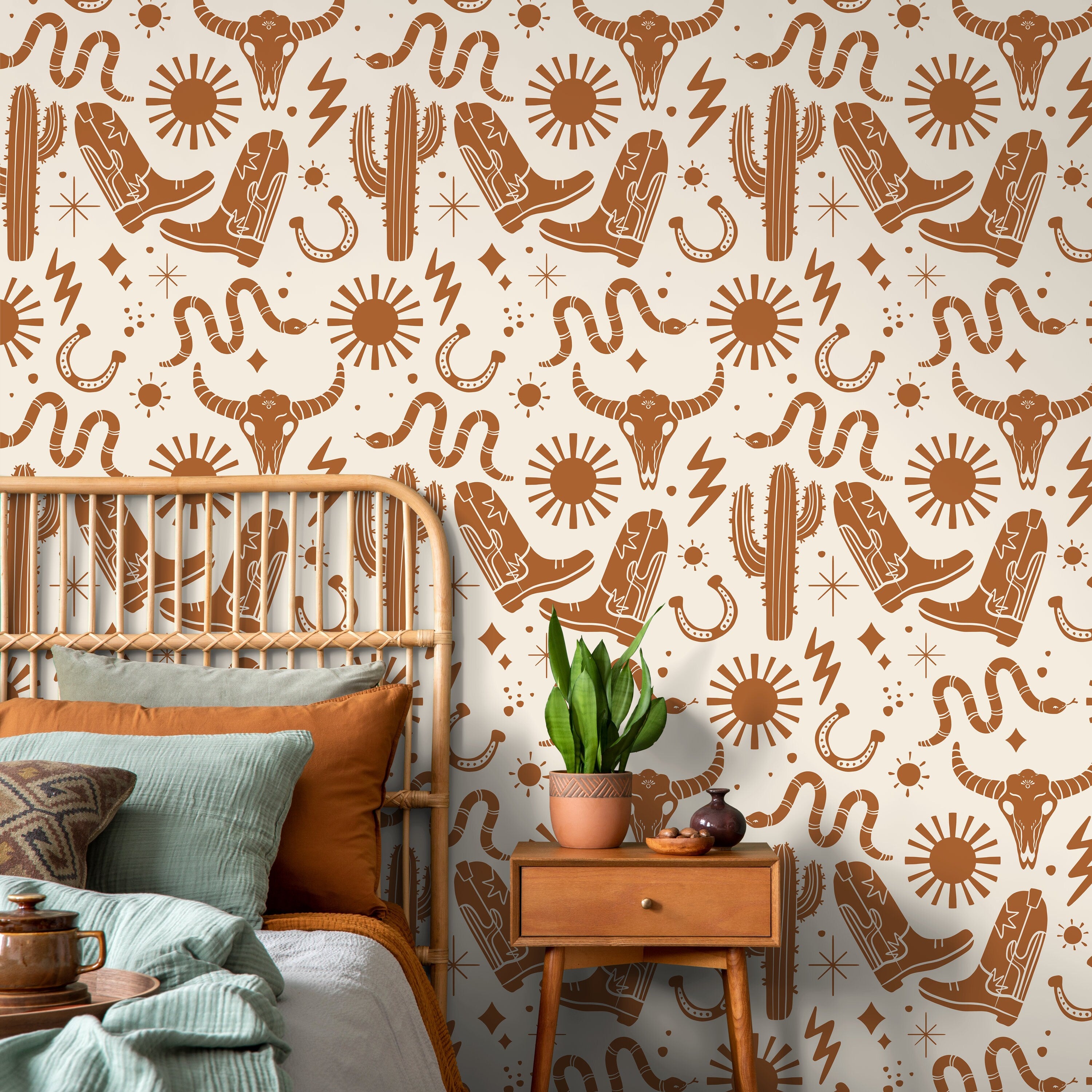 Western Wallpaper With Cowboy And Desert Motifs In Brown - D825