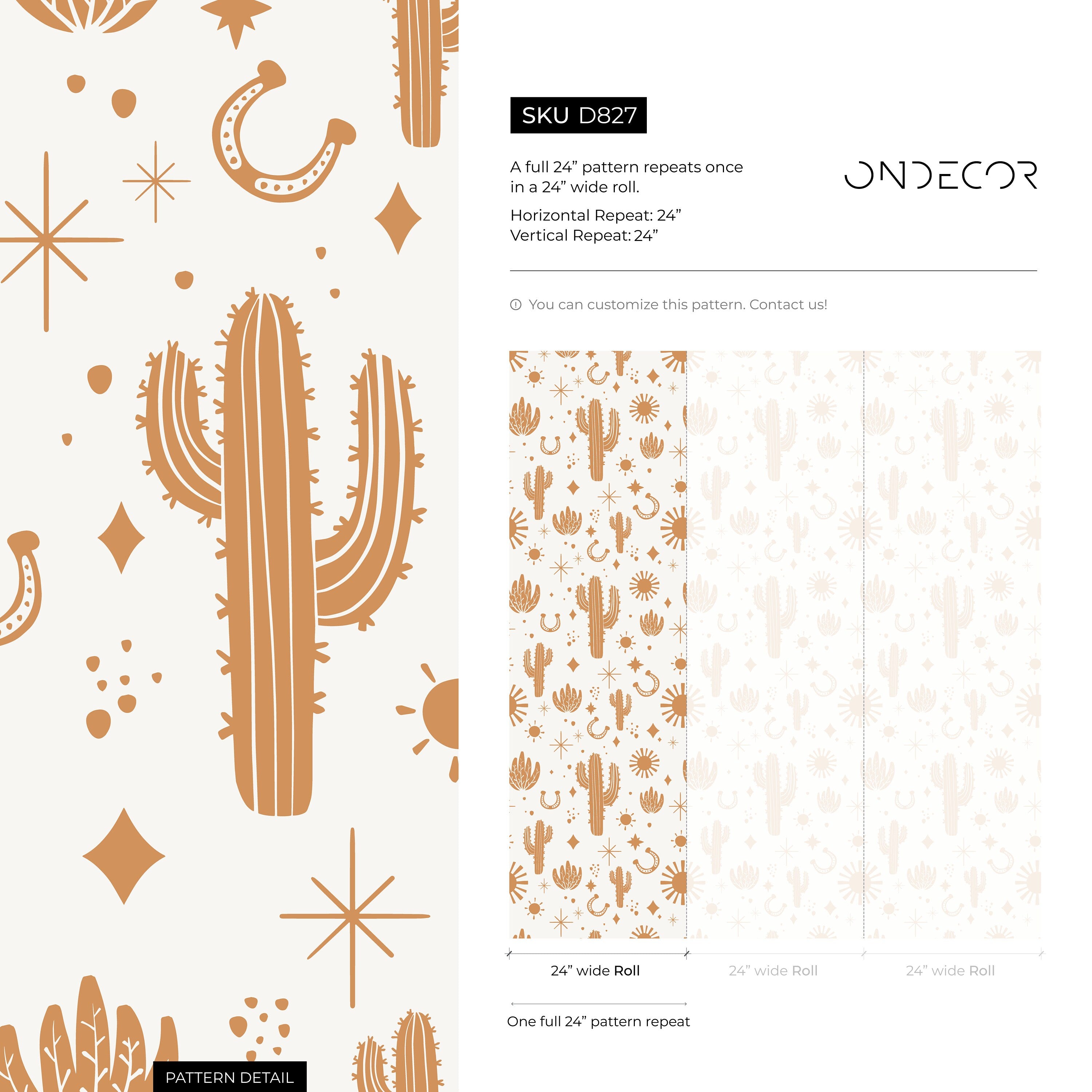 Western Wallpaper With Cacti And Sun Motifs In Orange - D827