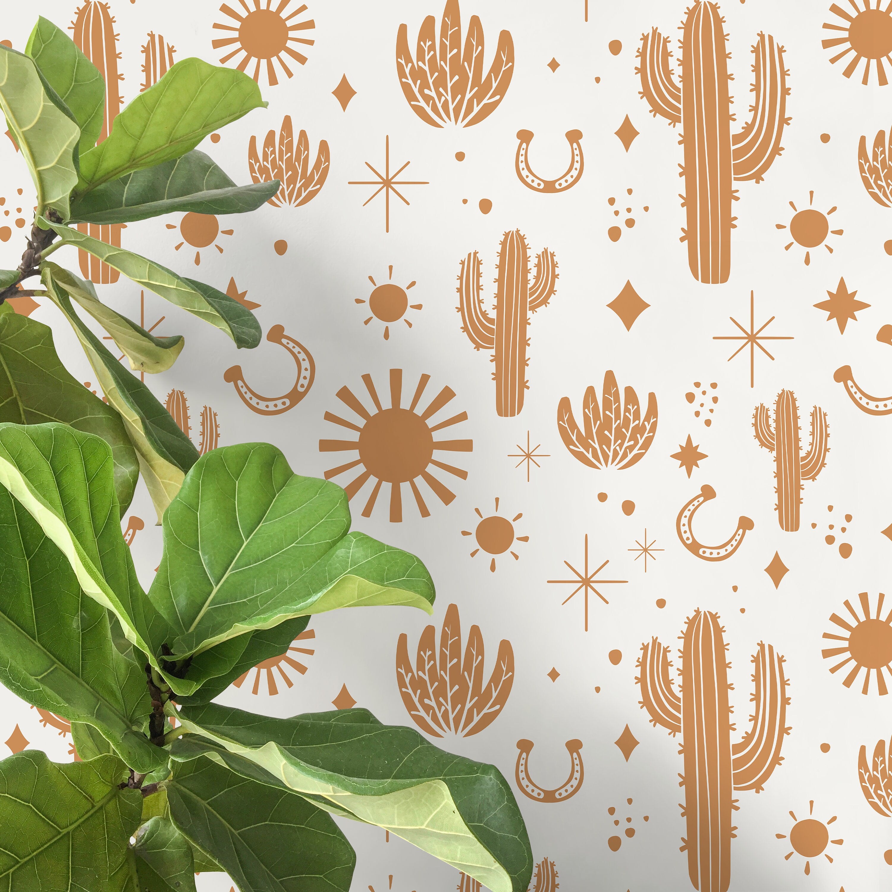 Western Wallpaper With Cacti And Sun Motifs In Orange - D827