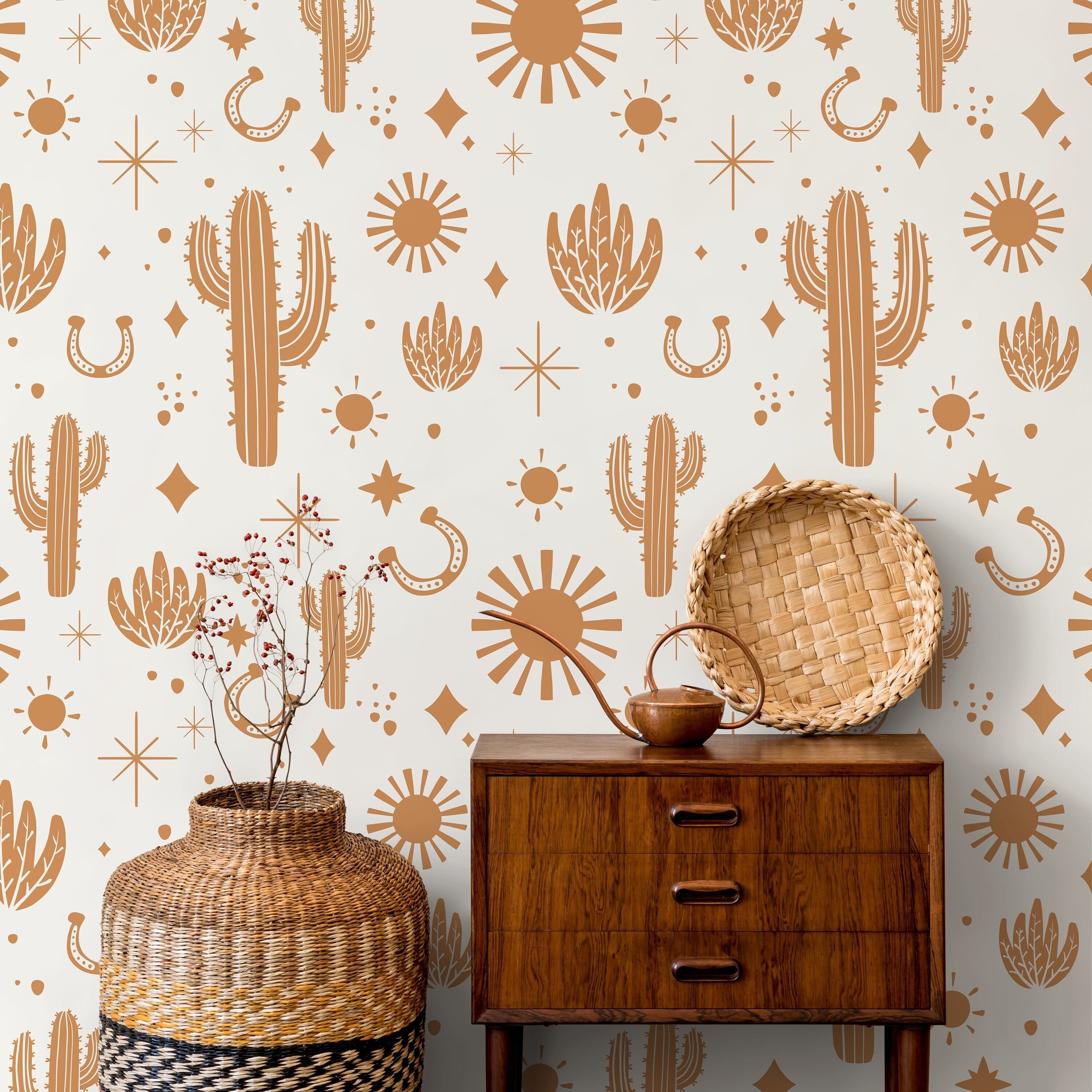 Western Wallpaper With Cacti And Sun Motifs In Orange - D827