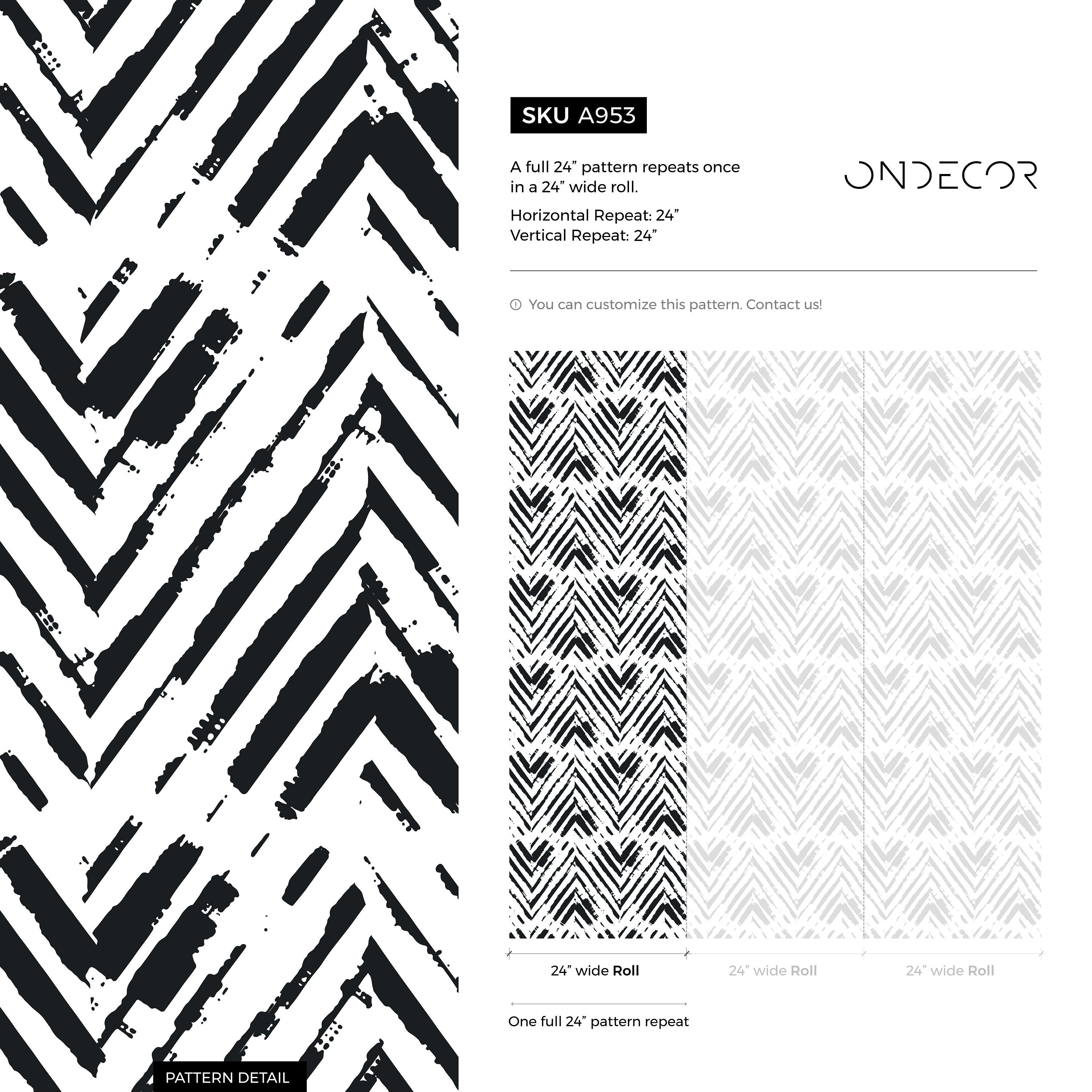 Herringbone Wallpaper With A Distressed Brushstroke Motif In Black And White - A953