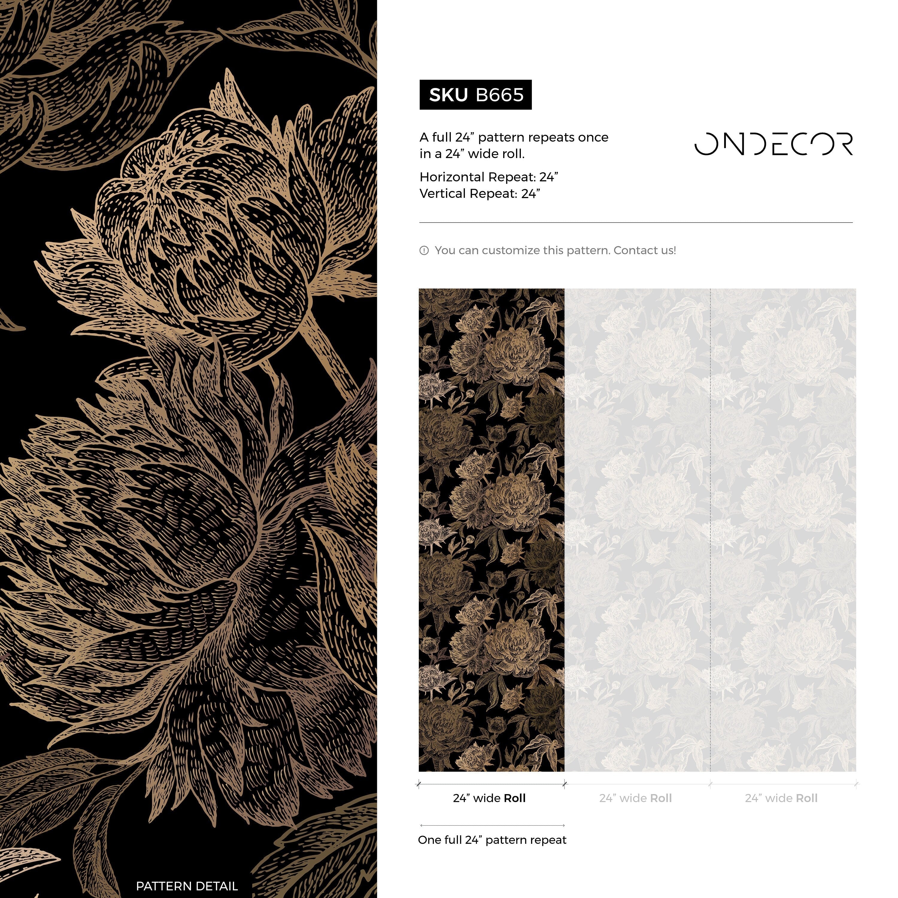 Floral Wallpaper With A Vintage Peony Motif In Black And Gold - B665