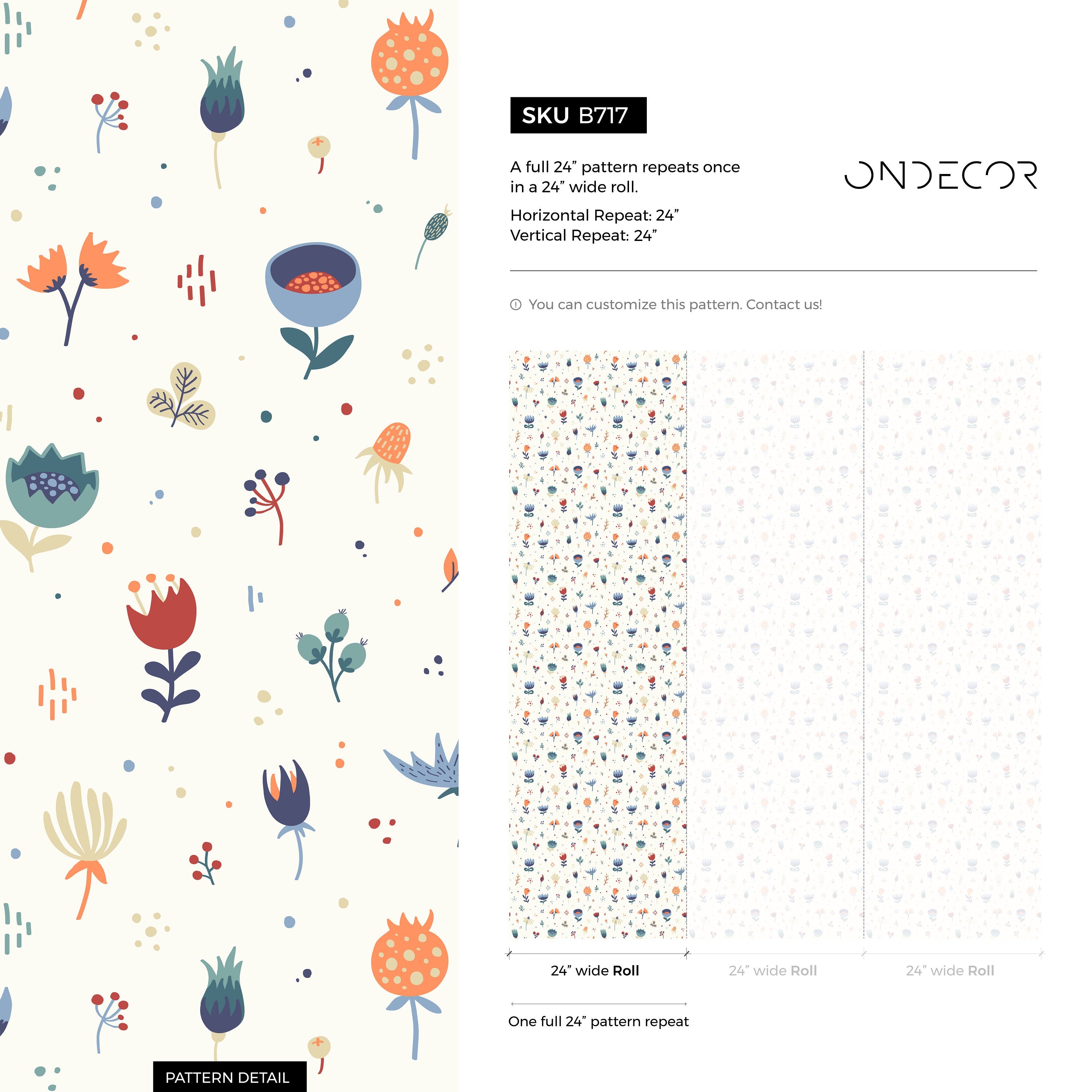 Floral Wallpaper With A Whimsical Folk Art Motif In Blue, Red, And Orange - B717