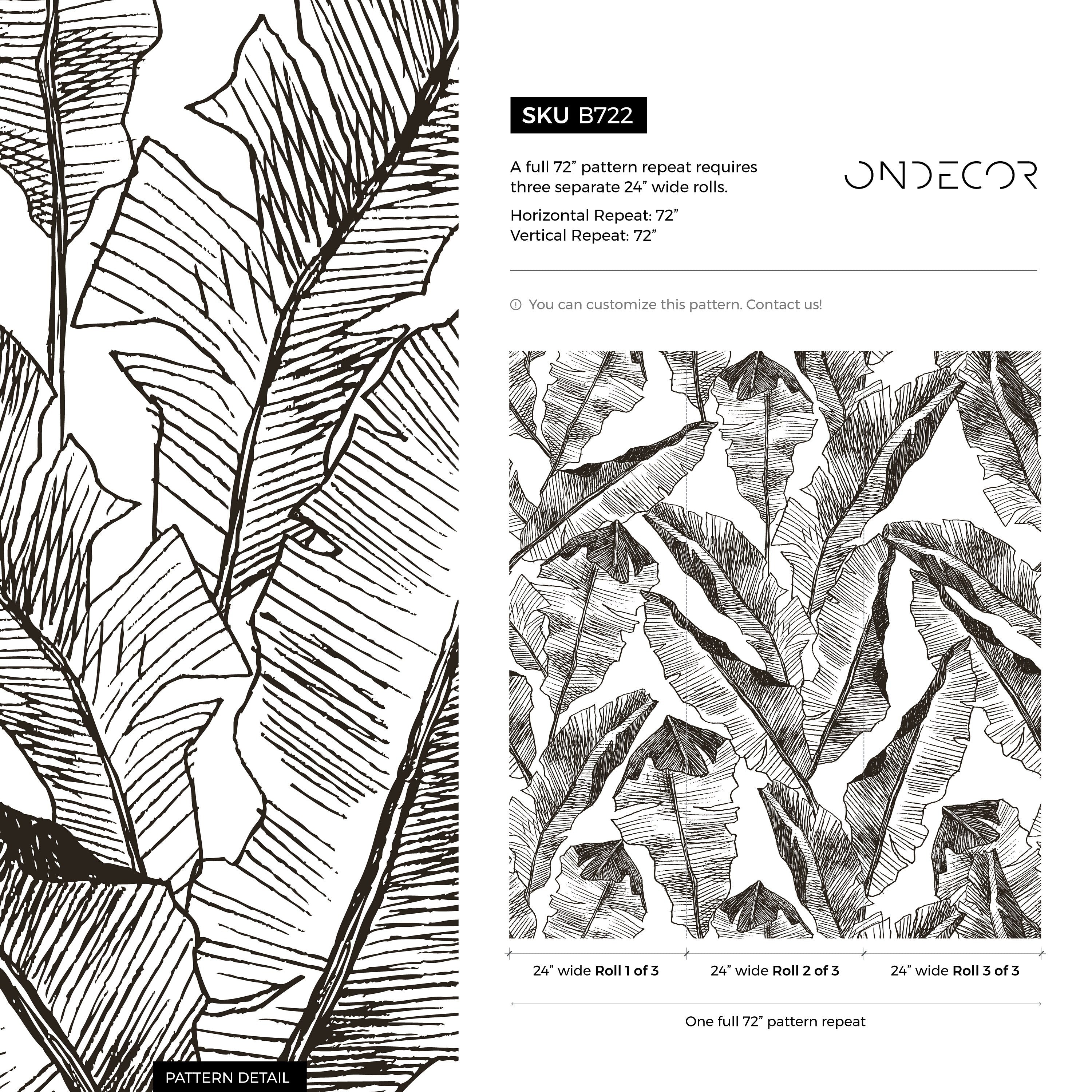 Botanical Wallpaper With Hand-drawn Banana Leaves In Black And White - B722