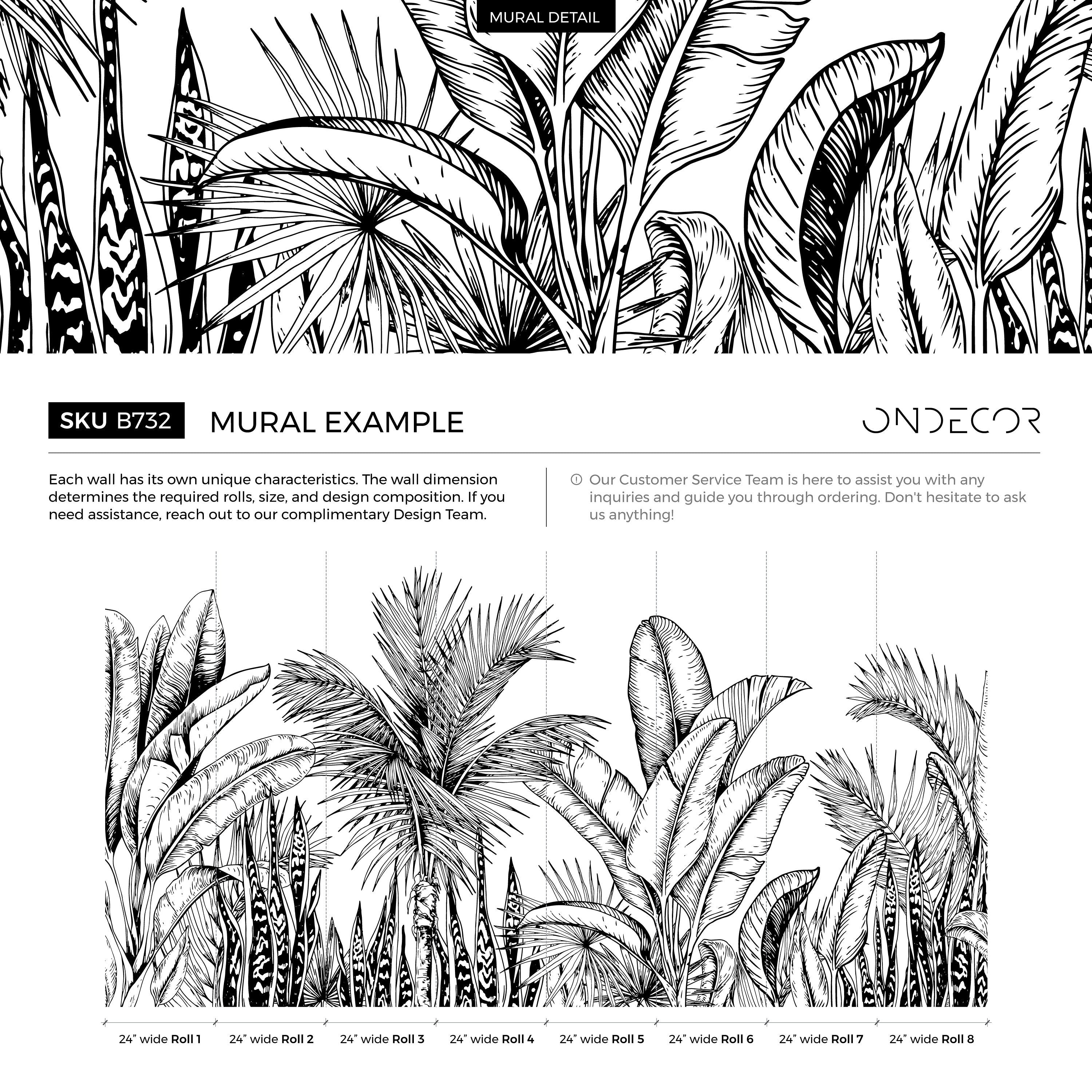 Botanical Wallpaper With Hand-drawn Tropical Leaves In Black And White - B732