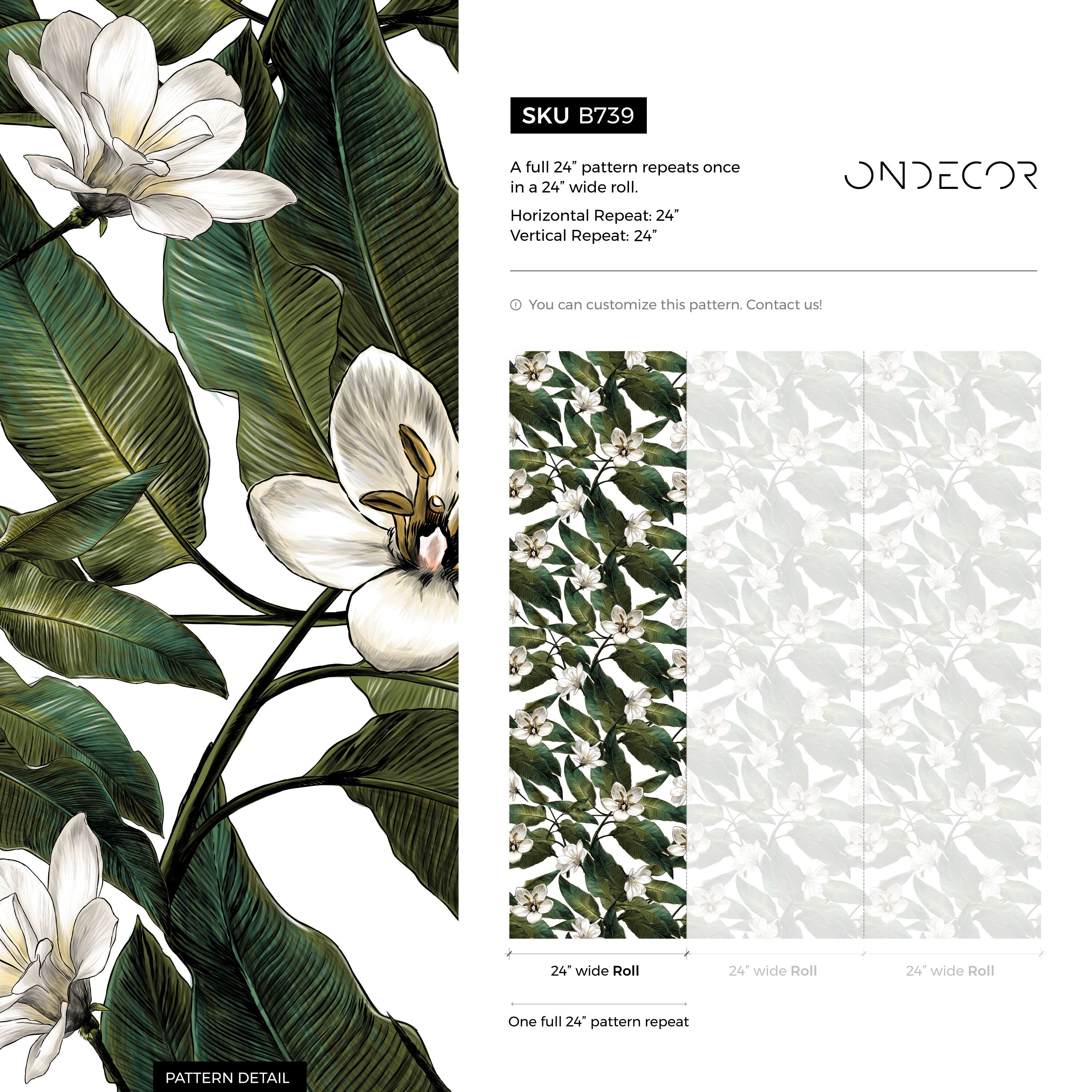 Botanical Wallpaper With Lush Tropical Leaves And White Flowers In Green And White - B739