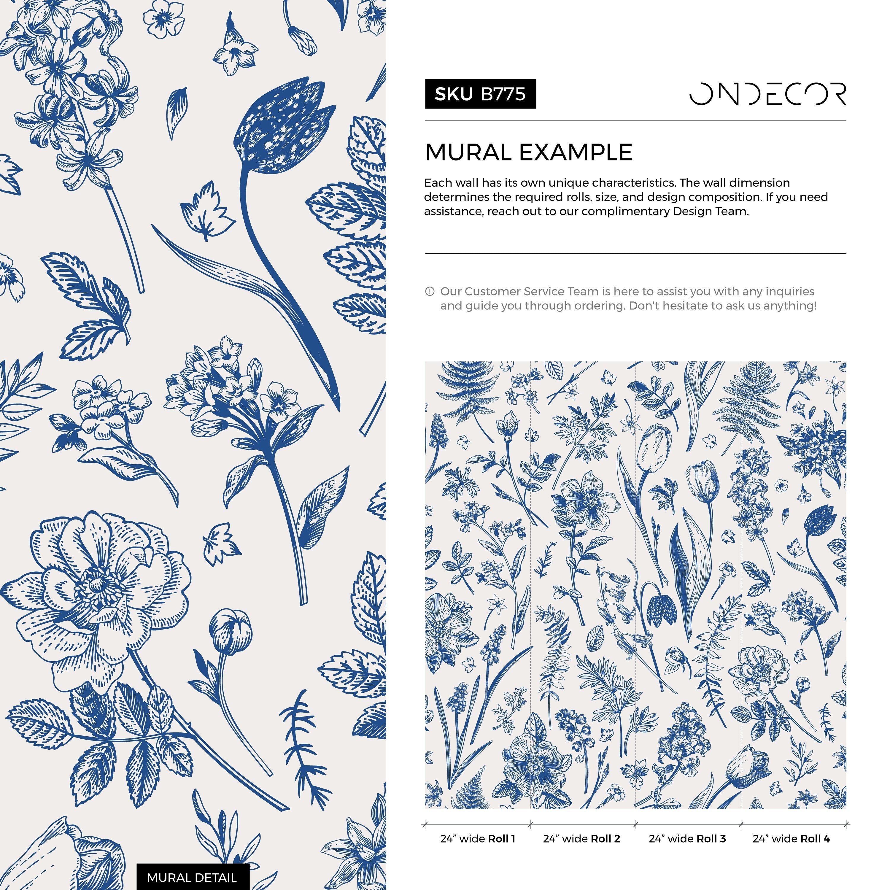 Botanical Wallpaper With A Vintage Wildflower Sketch In Blue And Cream - B775