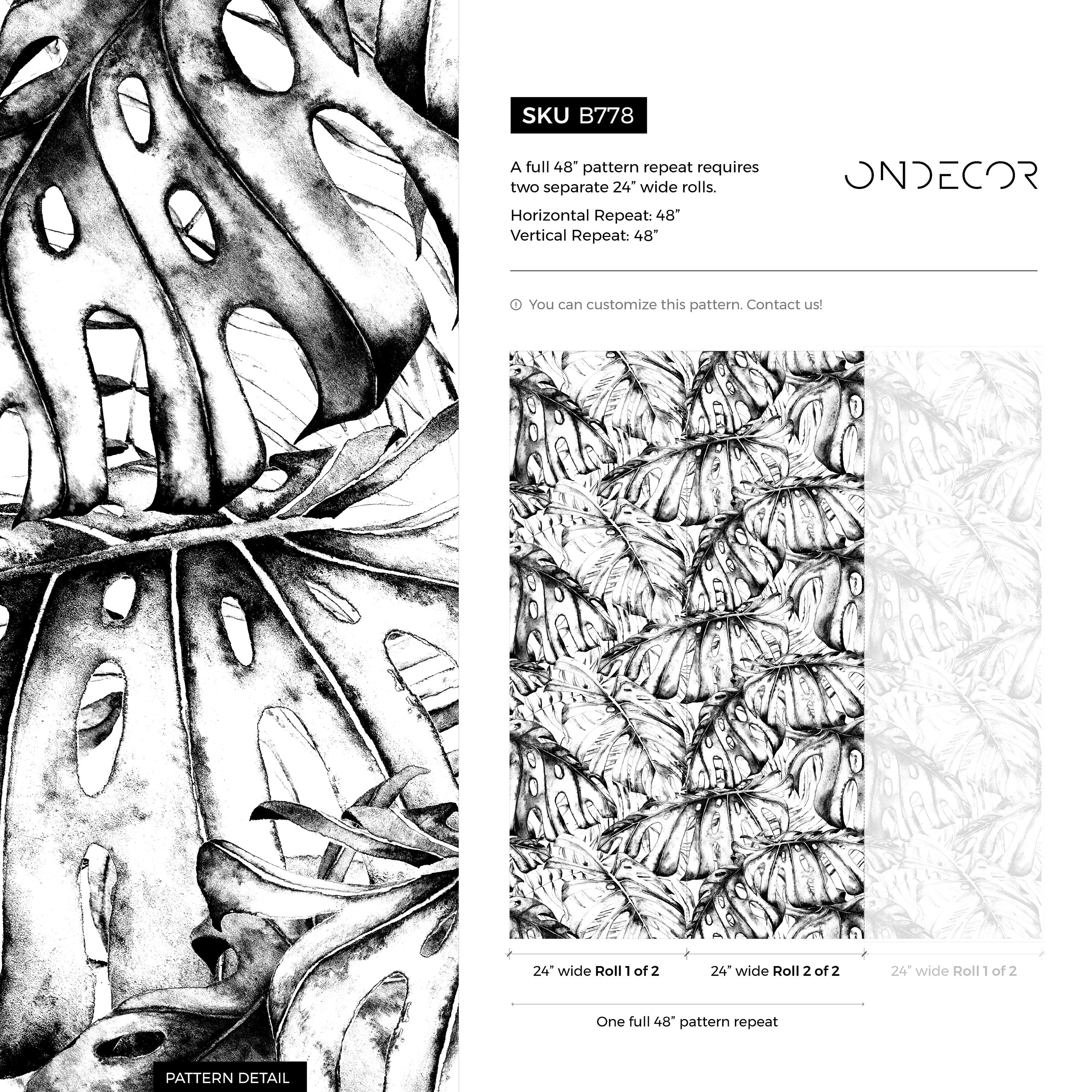 Botanical Wallpaper Featuring Illustrated Monstera Leaves In Black And White - B778