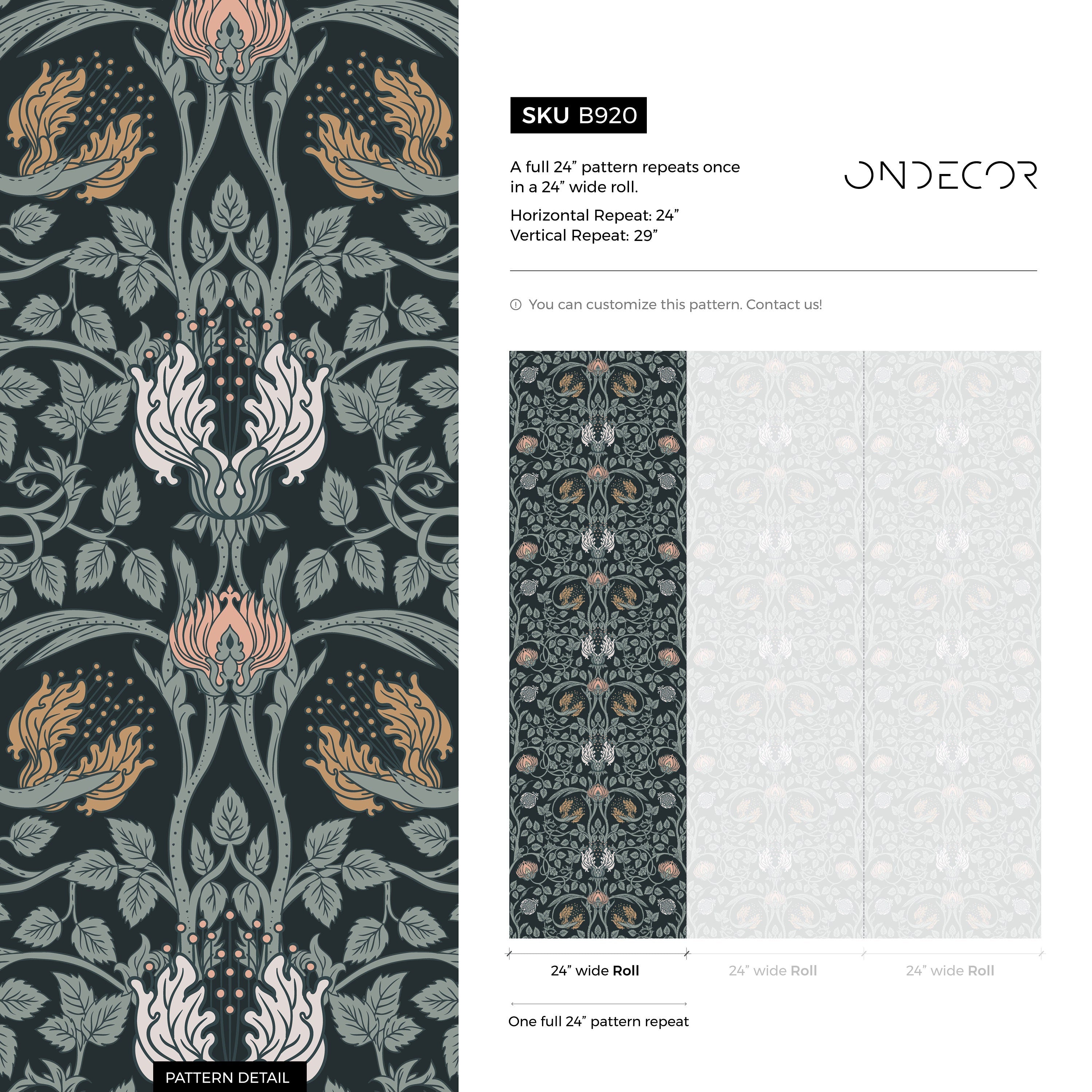 Art Nouveau Wallpaper With A Pomegranate And Floral Motif In Black, Pink, And Gold - B920