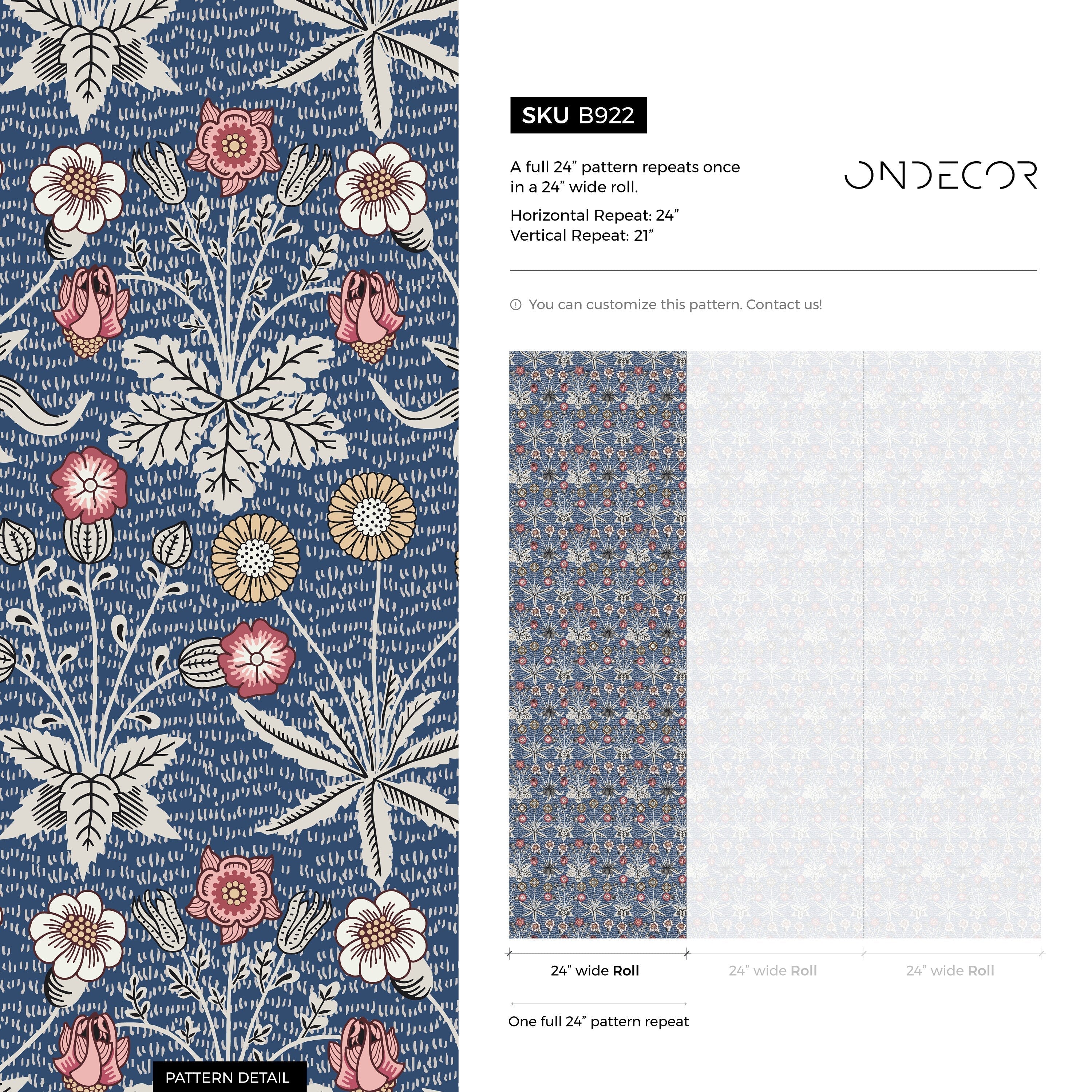Vintage Floral Wallpaper Featuring Intricate Stylized Flowers In Blue, Red, And Yellow - B922
