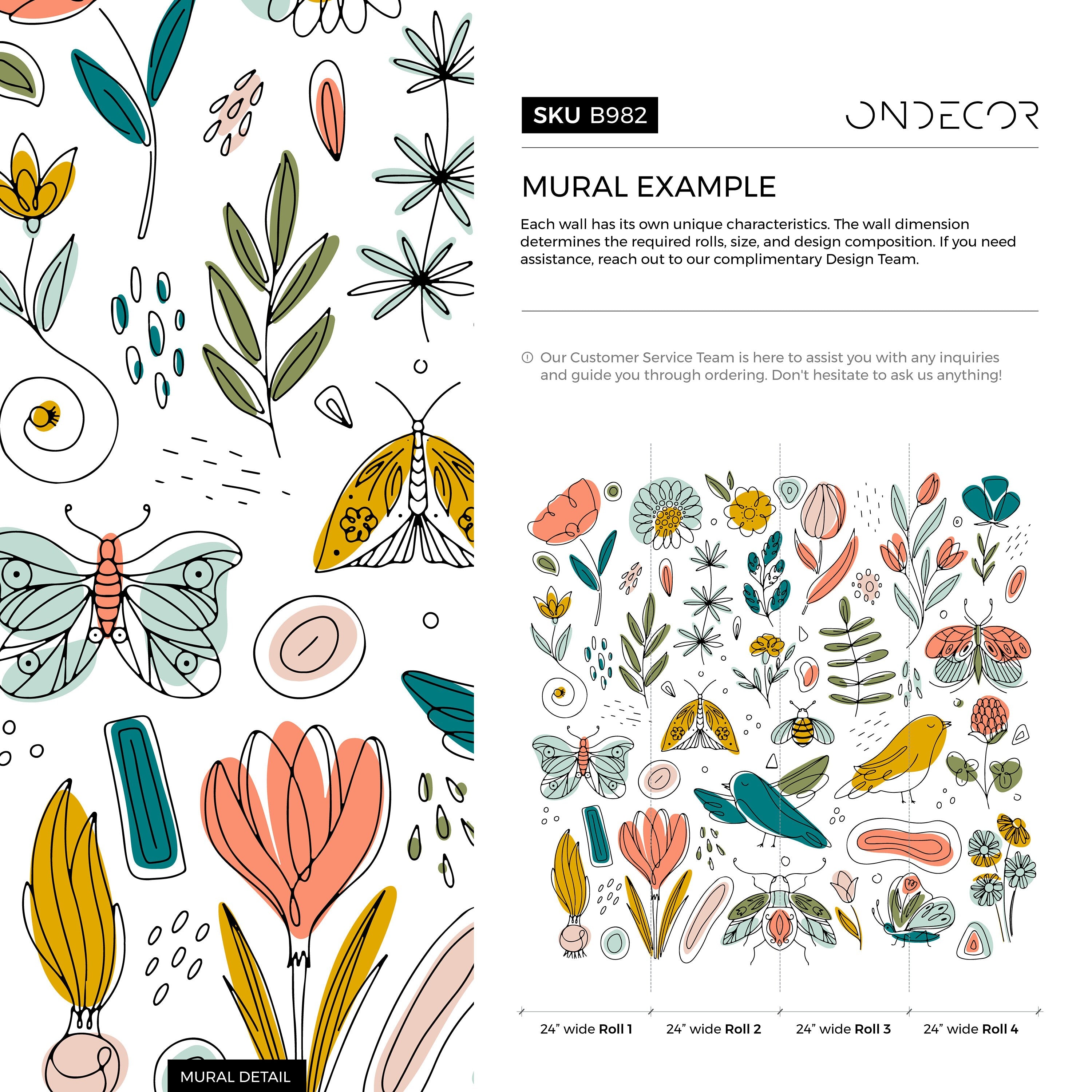 Illustrative Wallpaper With Whimsical Flora And Fauna In Yellow, Teal, And Pink - B982