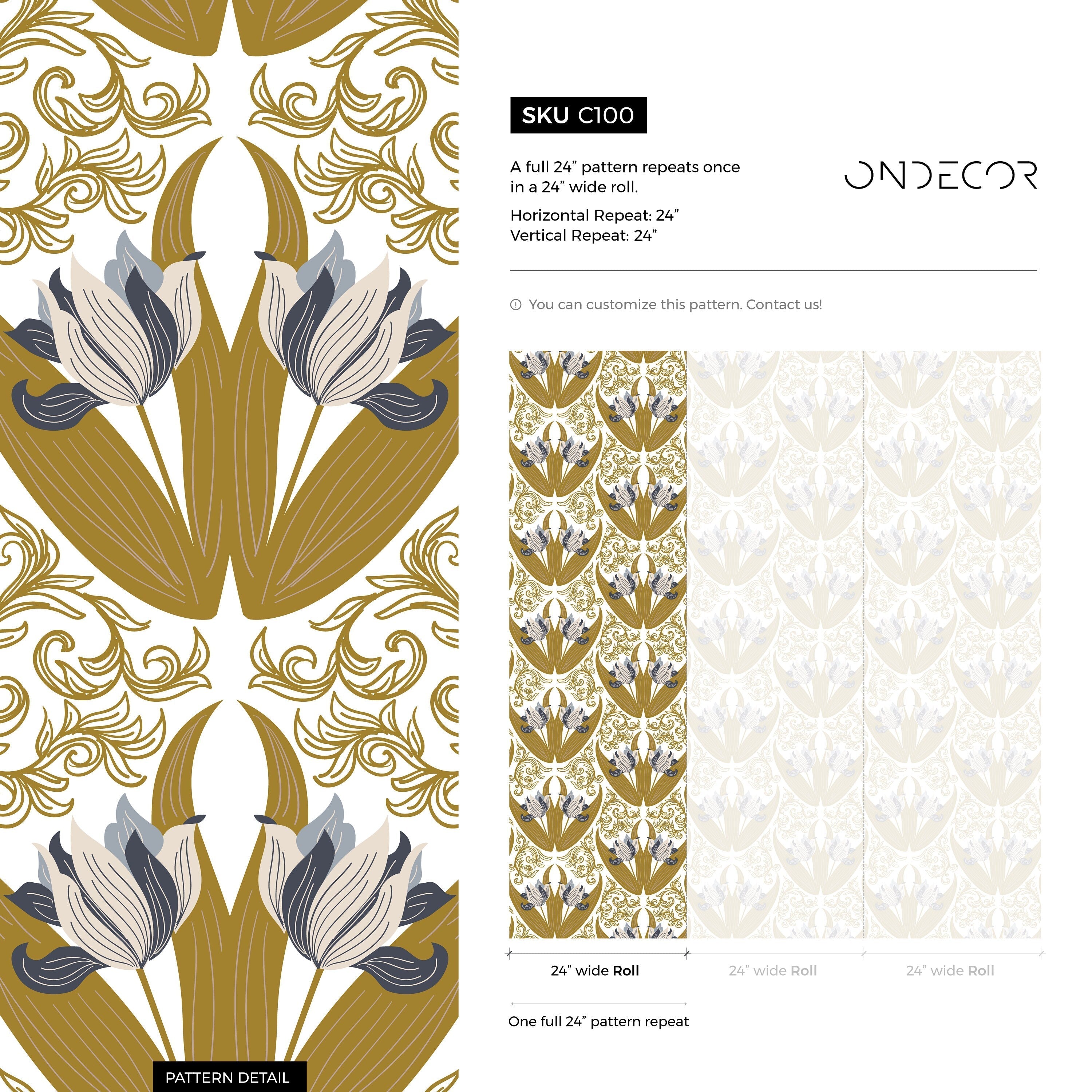 Art Nouveau Wallpaper With A Stylized Tulip Damask In Gold, Blue, And Grey - C100