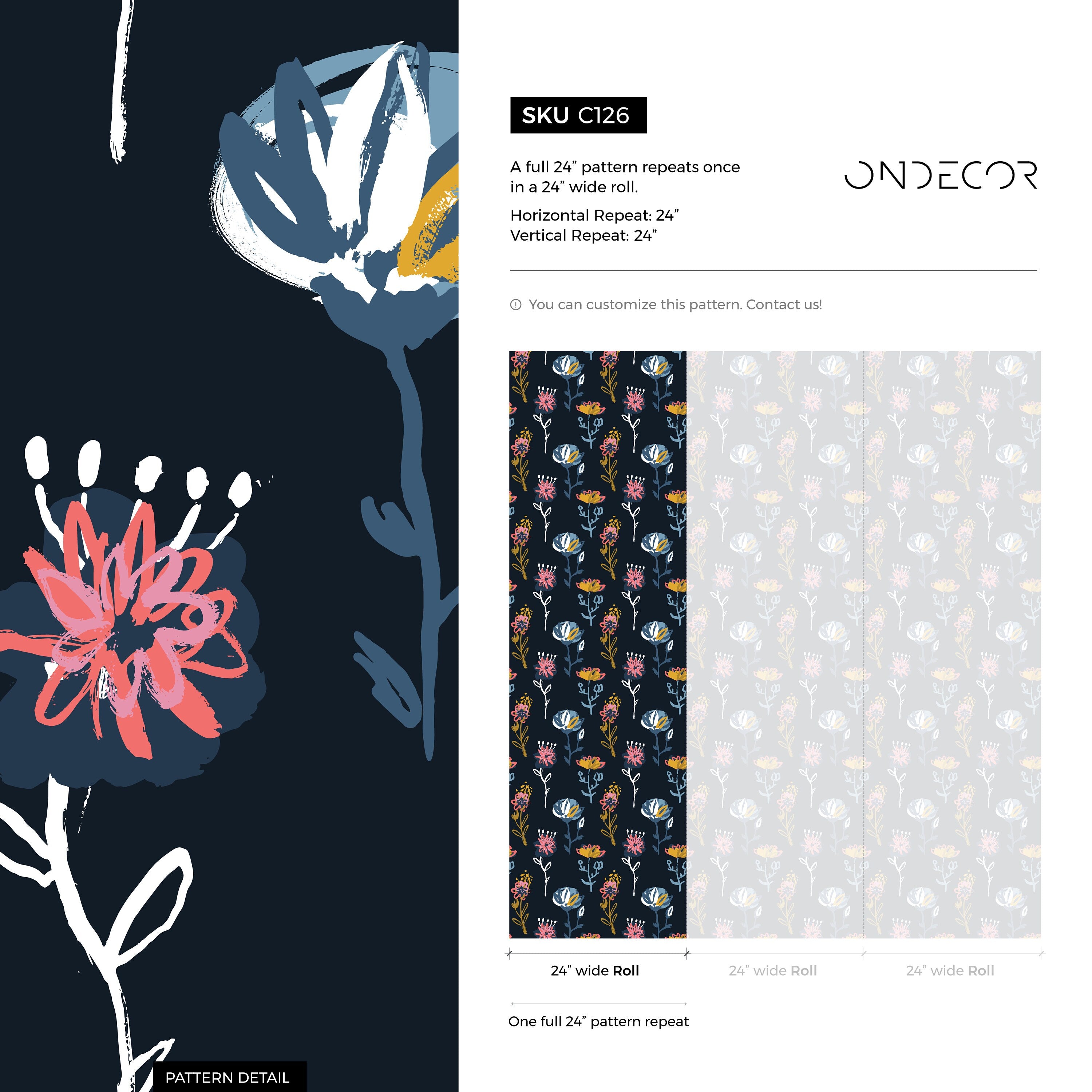 Floral Wallpaper With Abstract Botanicals In Navy, Pink, And Yellow - C126