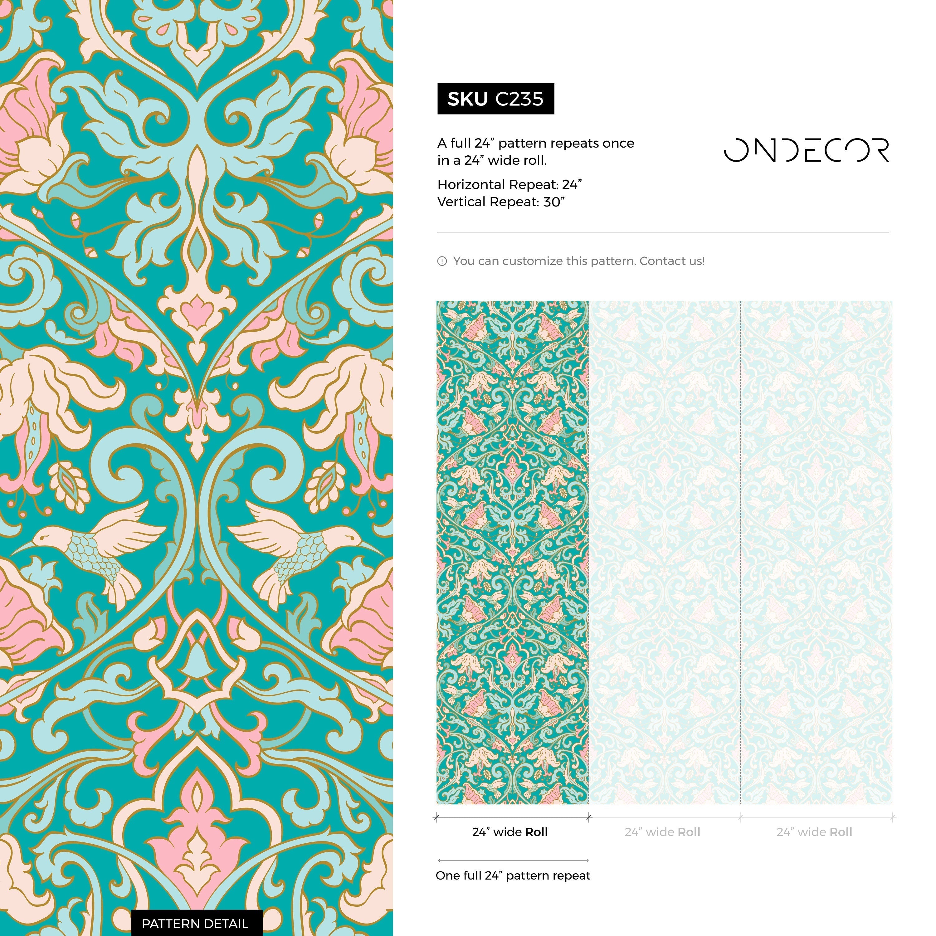 Floral Damask Wallpaper With A Bird And Vine Motif In Turquoise And Pink - C235
