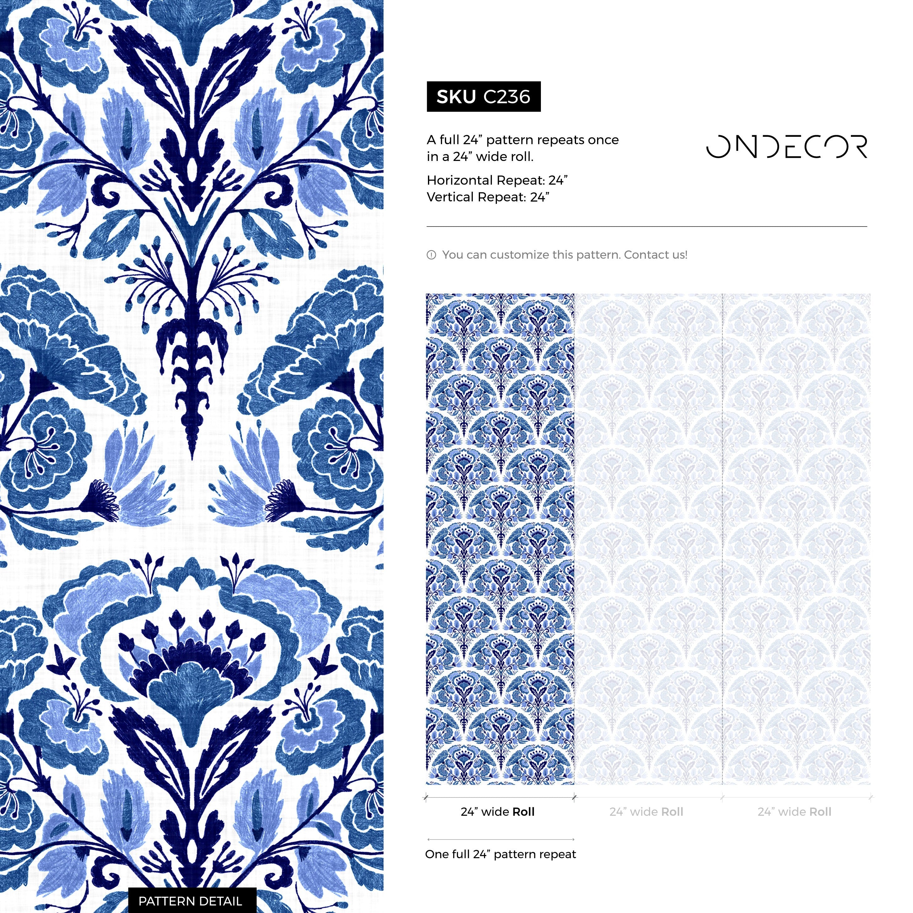 Damask Wallpaper With A Mediterranean Floral Motif In Blue - C236