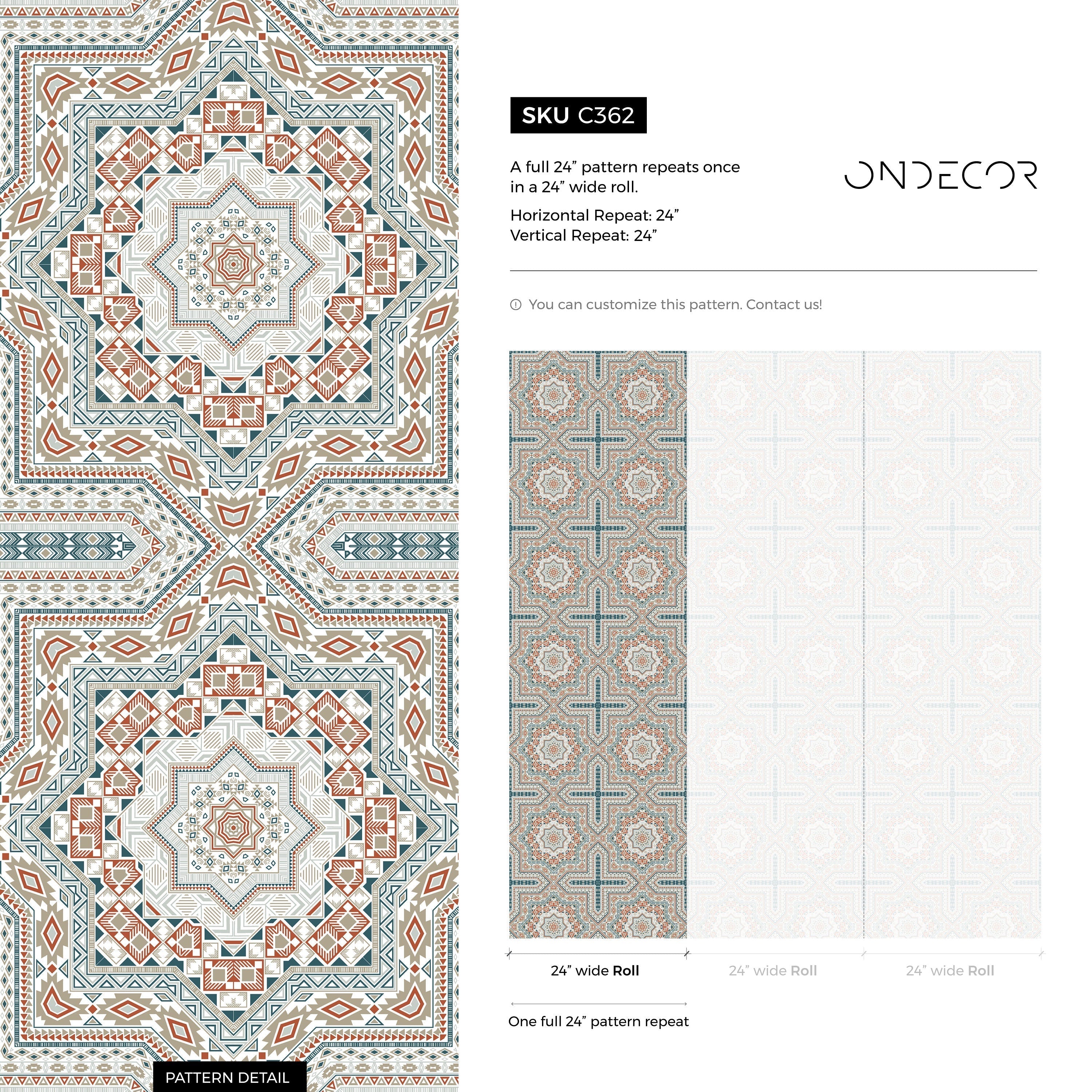 Geometric Wallpaper With A Marrakech Tile Pattern In Teal And Terracotta - C362