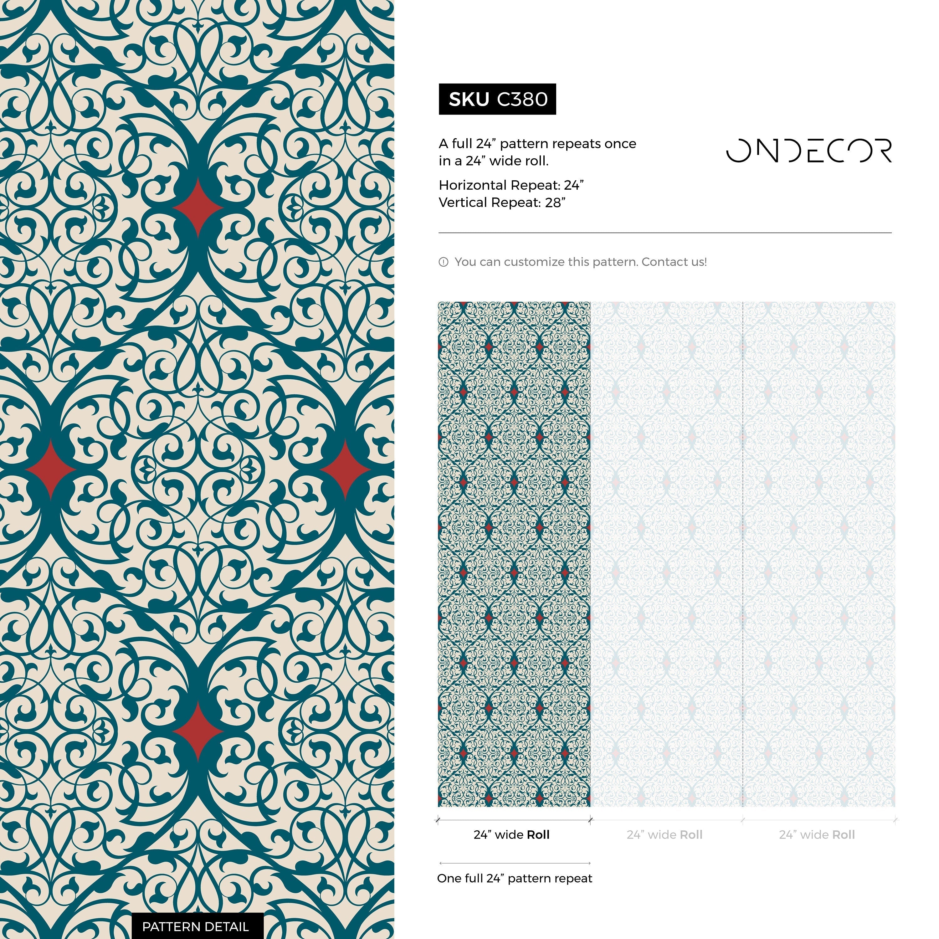 Damask Wallpaper With An Intricate Arabesque Motif In Teal, Red, And Beige - C380