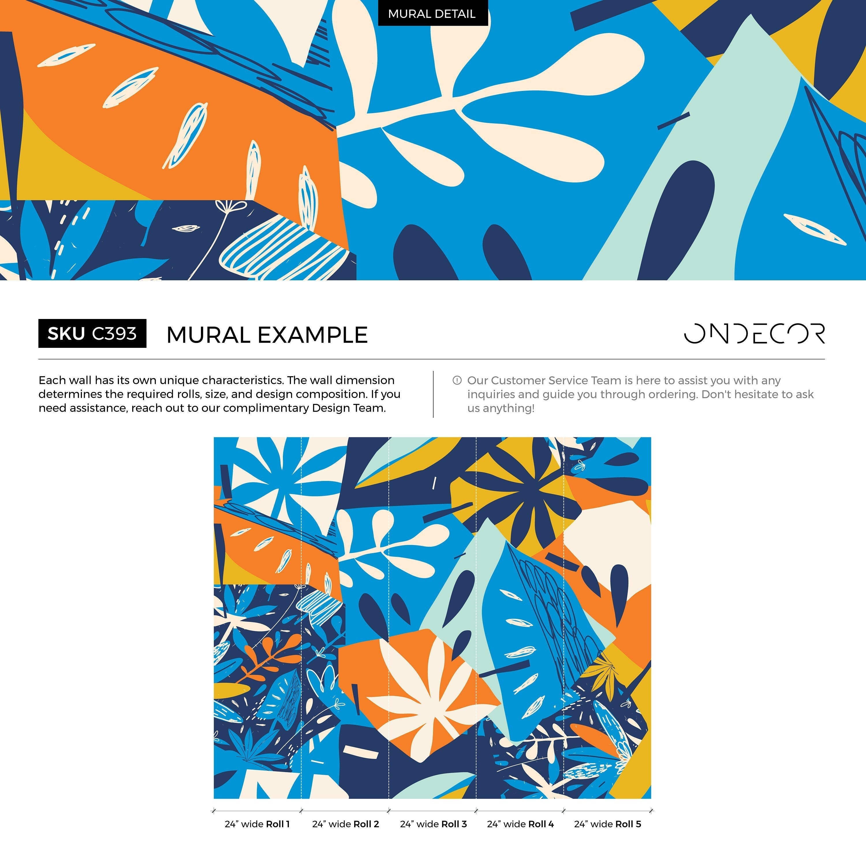Abstract Wallpaper With A Collage Of Botanical Shapes In Blue And Orange - C393