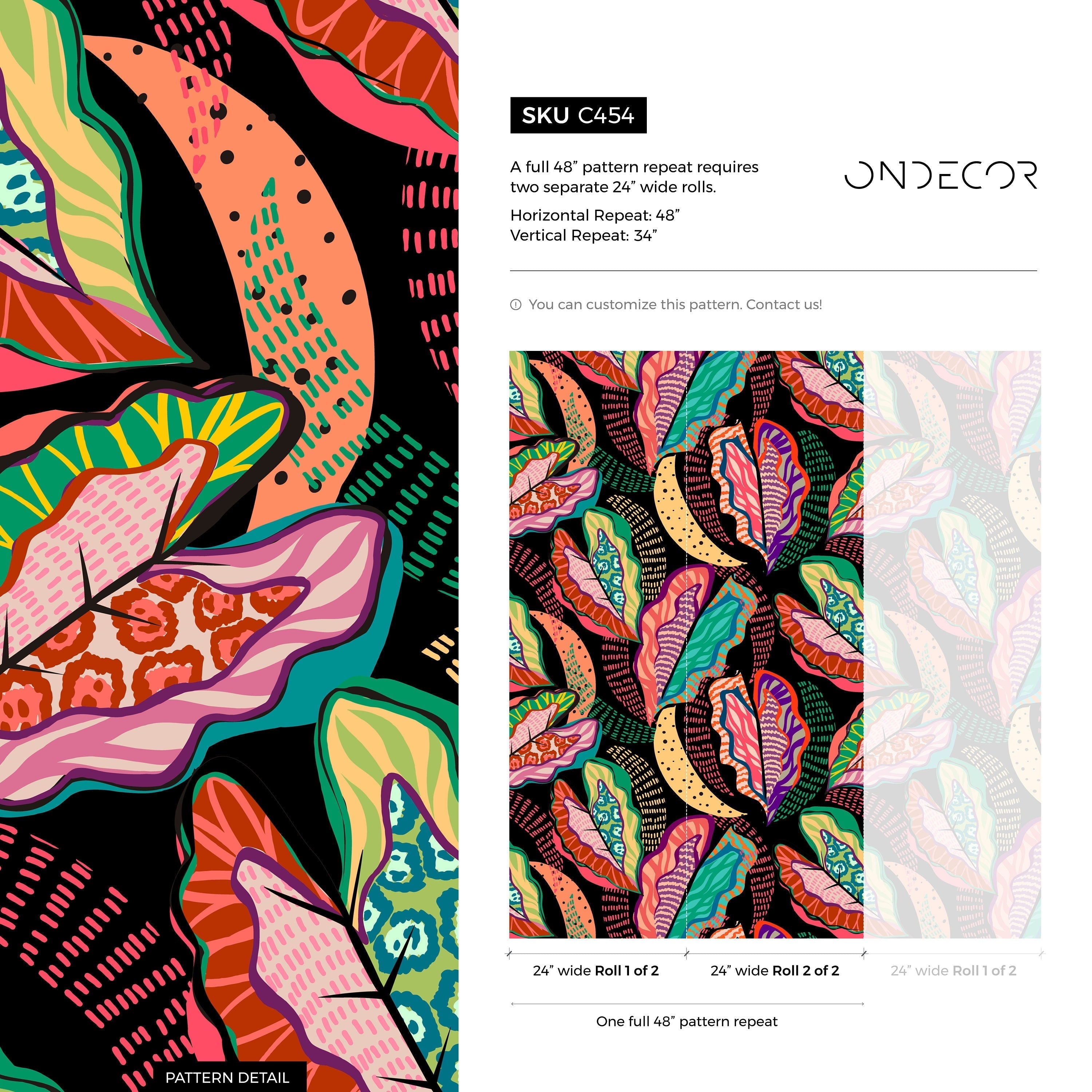 Abstract Wallpaper With Bold Patterned Leaves In Pink, Teal, And Orange - C454