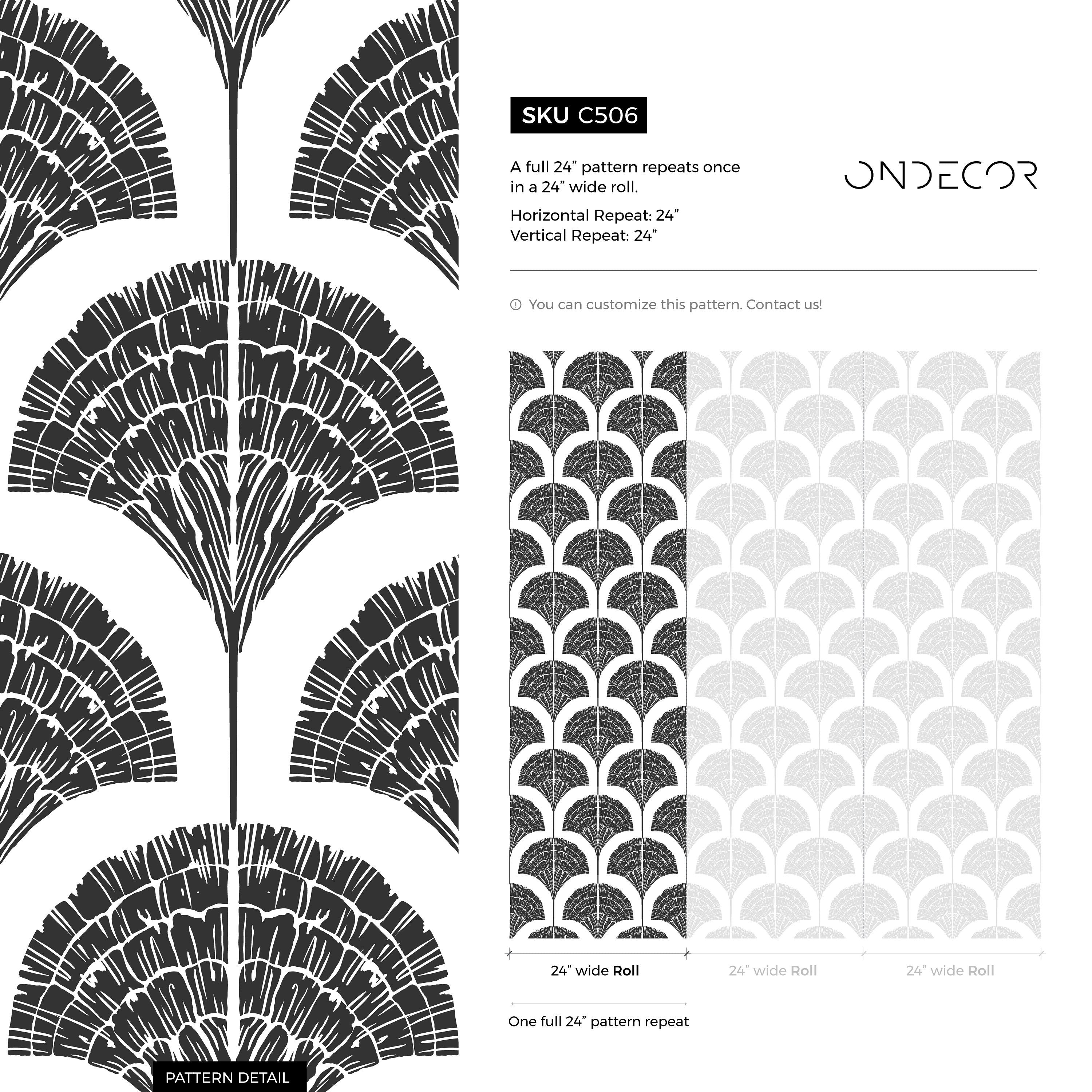 Art Deco Wallpaper With Stylized Palm Fronds In Black And White - C506