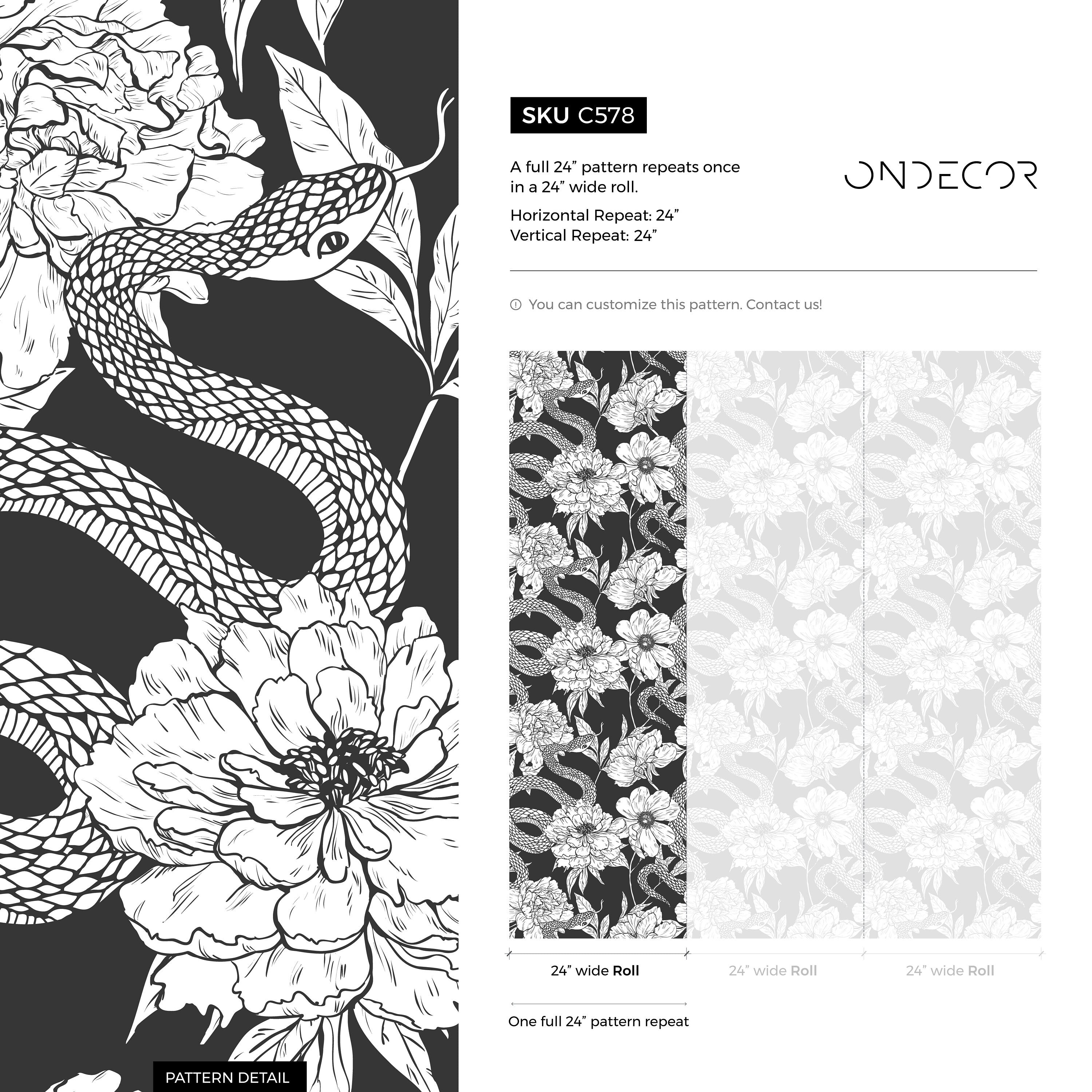 Animal Wallpaper With A Winding Serpent And Peony Motif In Gray And Black - C578
