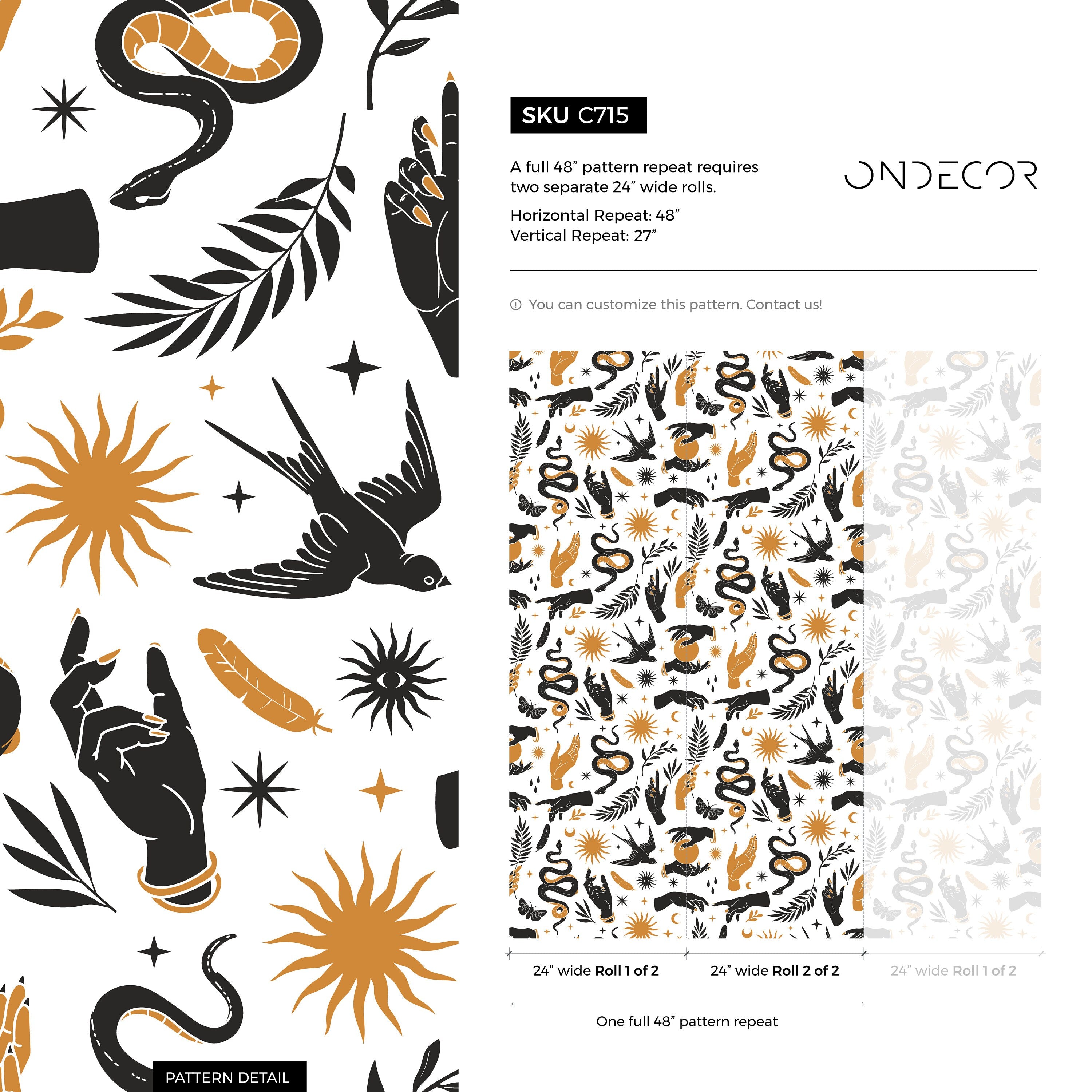 Mystical Wallpaper With Celestial Hands, Snakes, And Moons In Black And Gold - C715