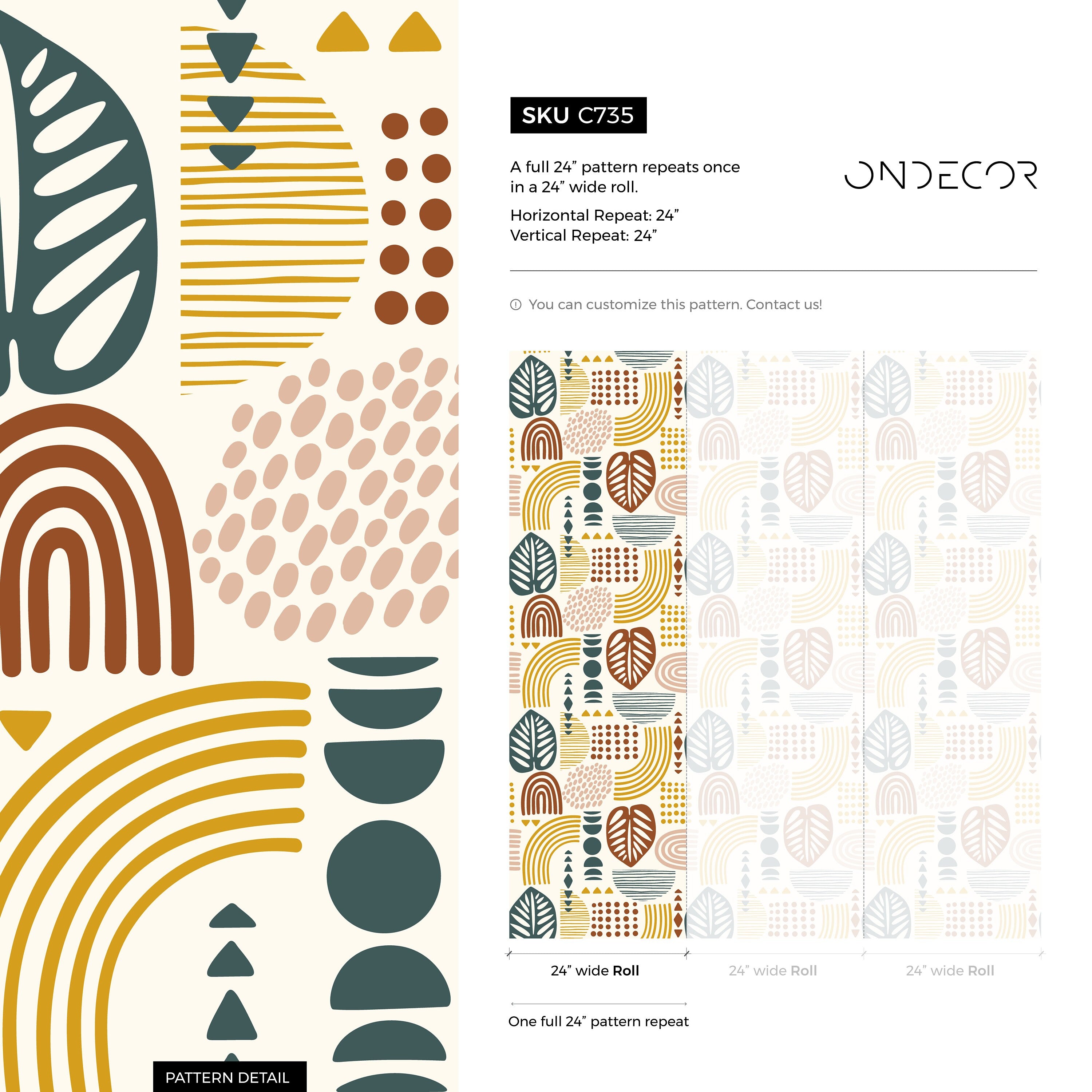 Abstract Wallpaper With Organic Shapes And Leaves In Green, Brown, And Mustard - C735