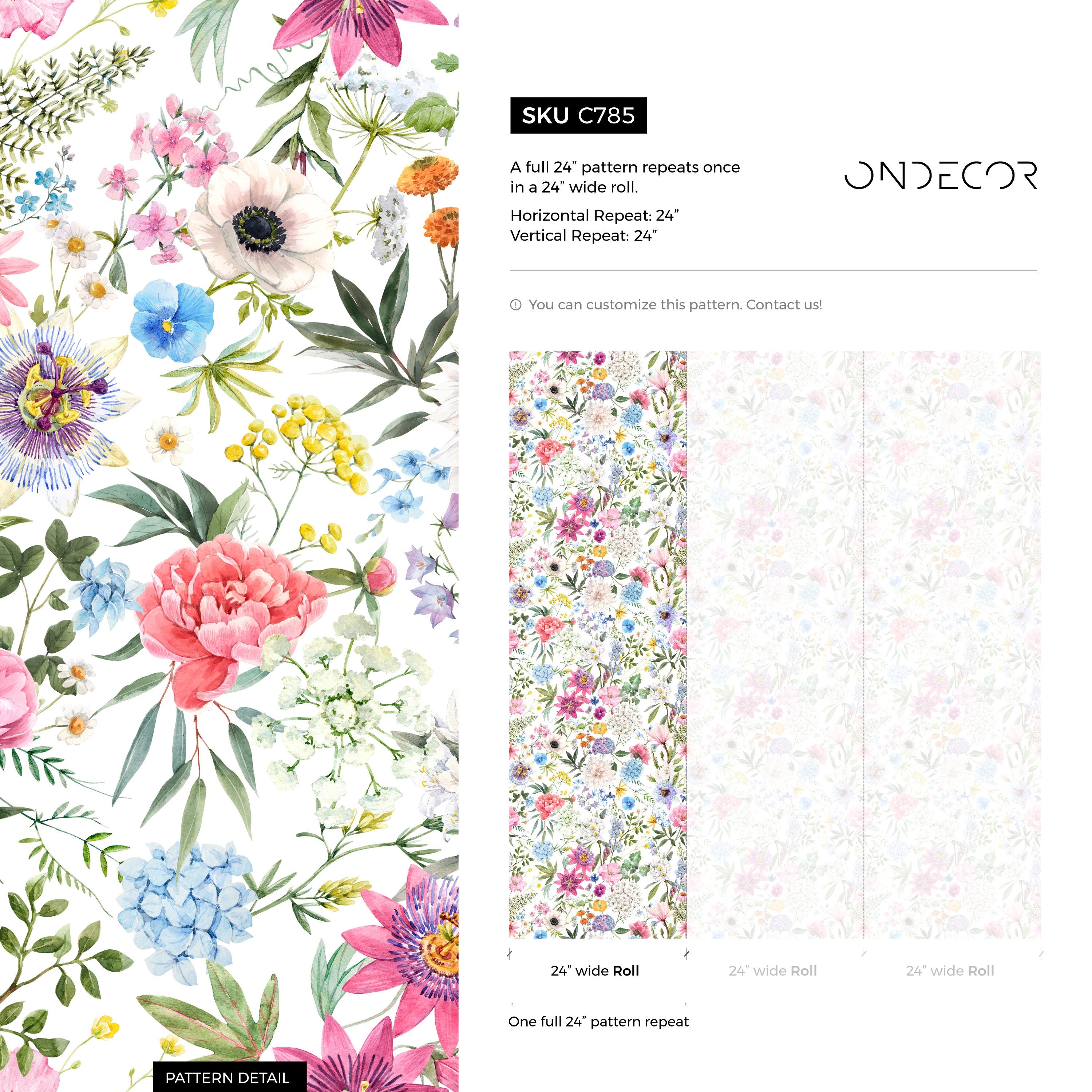 Botanical Wallpaper With A Watercolor Wildflower Meadow In Pink, Blue, And Purple - C785