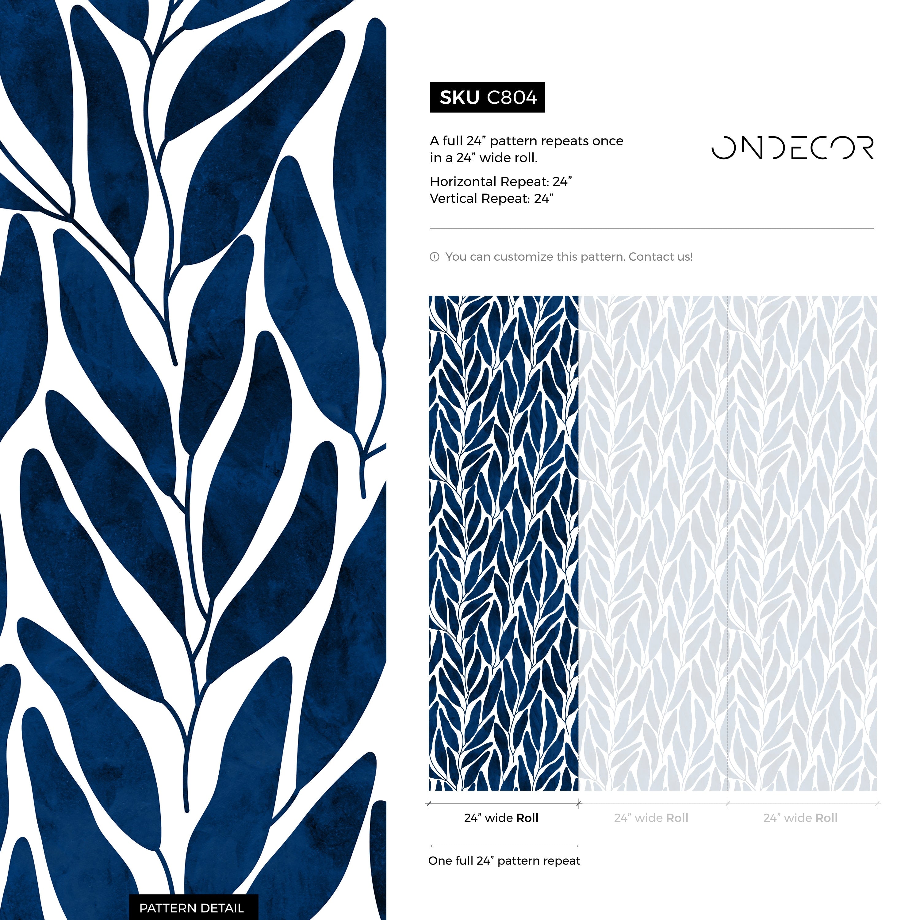 Botanical Wallpaper With Stylized Climbing Leaves In Navy Blue And White - C804