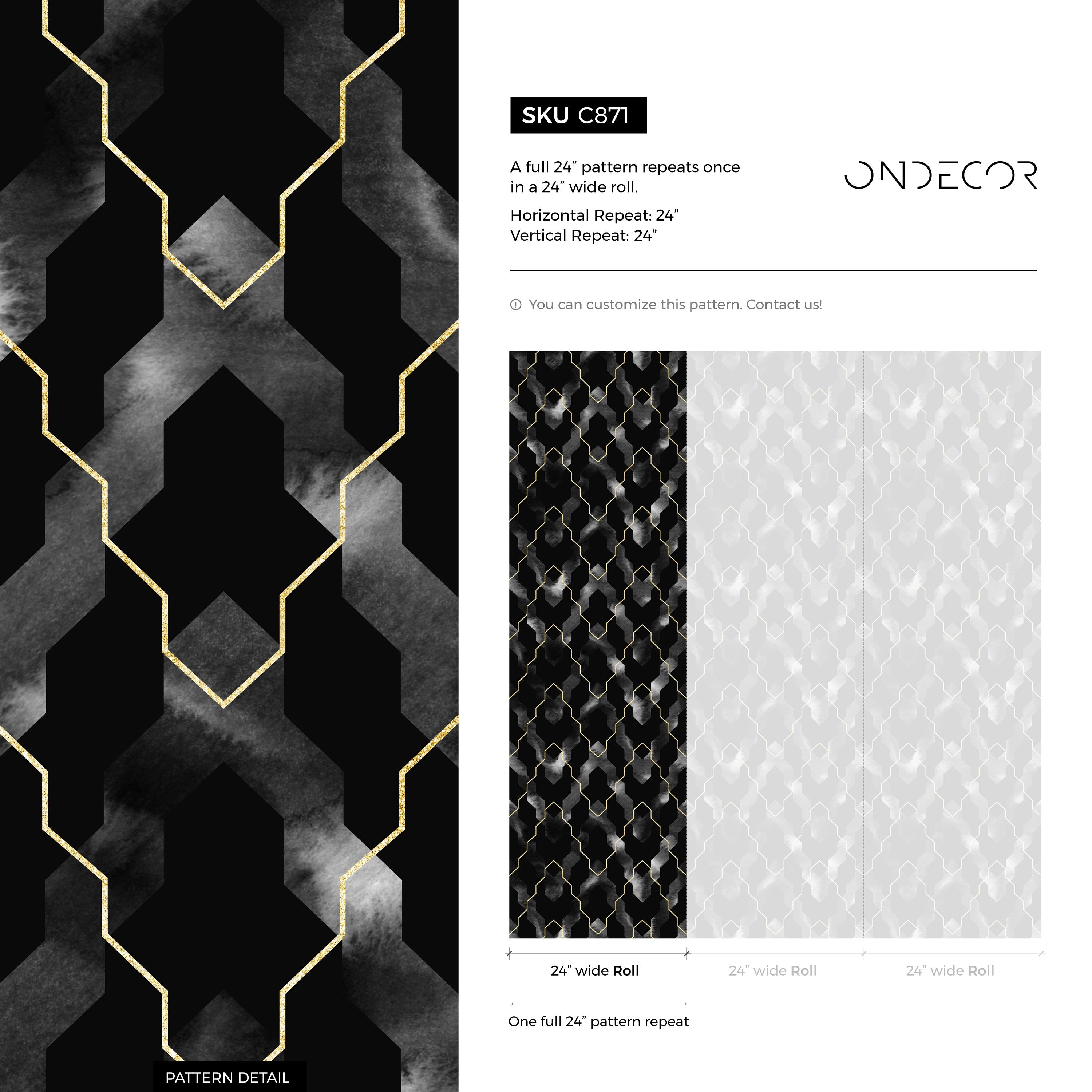 Geometric Wallpaper With An Art Deco Trellis In Black, Gold, And Grey - C871