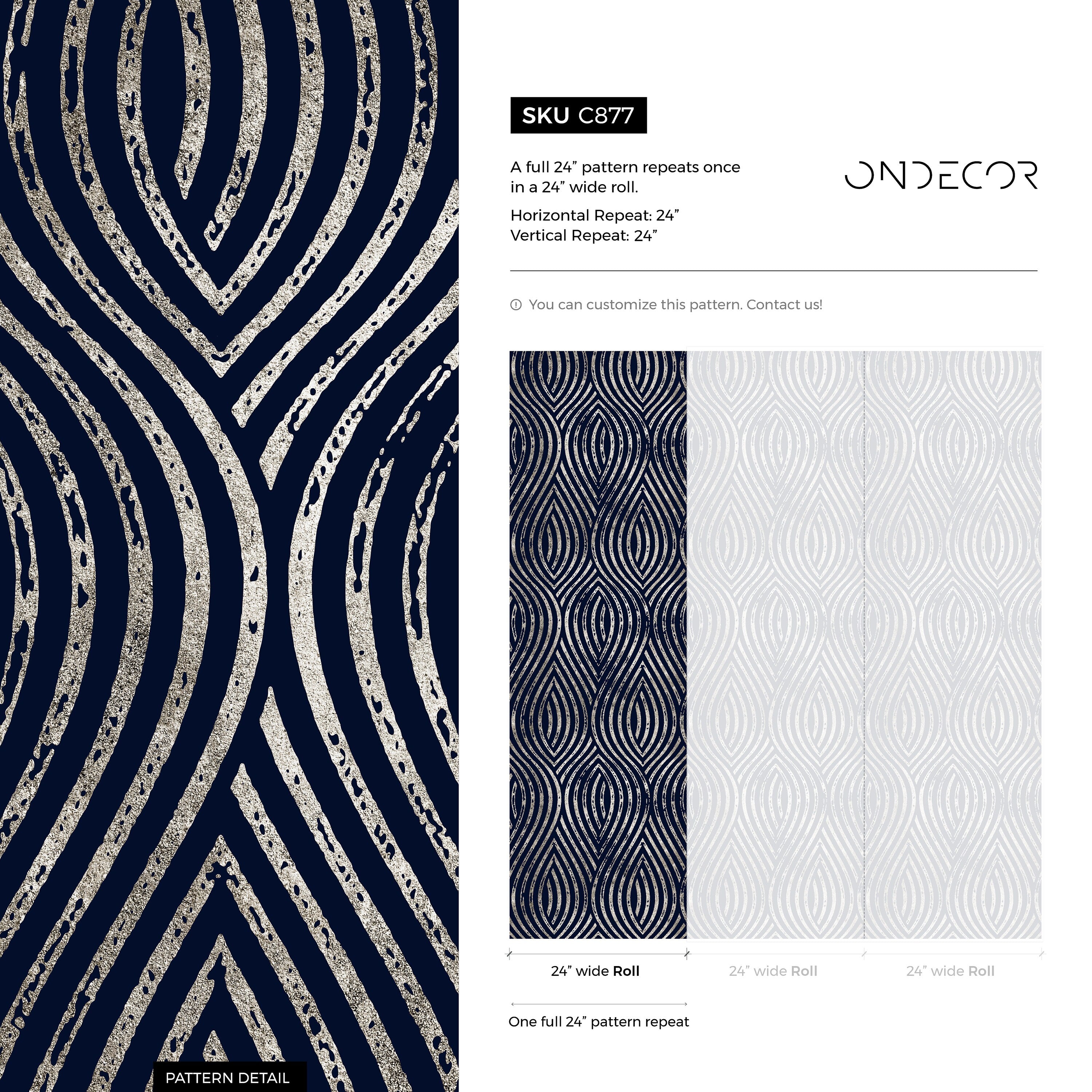 Art Deco Wallpaper With A Wavy Geometric Motif In Navy And Silver - C877