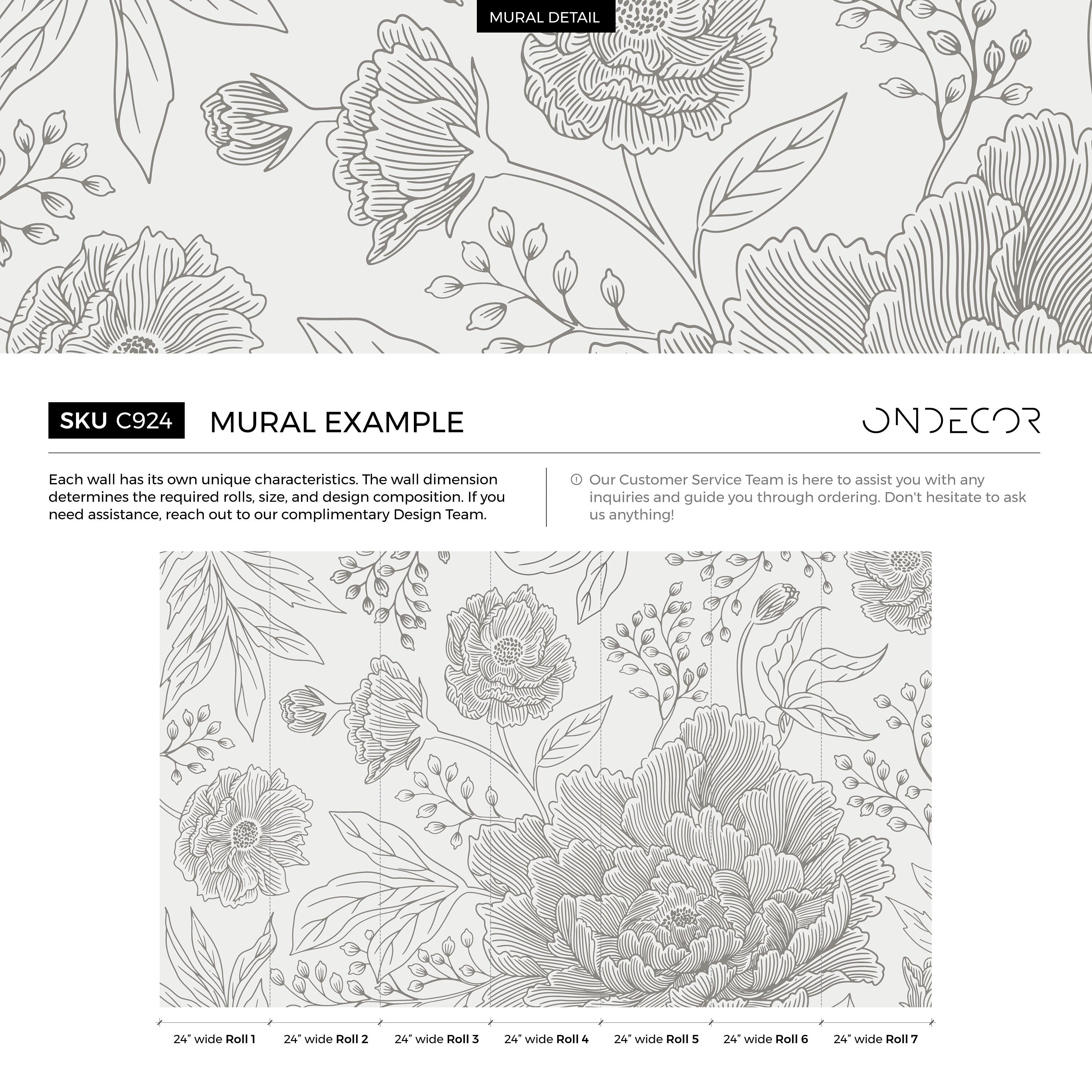 Floral Wallpaper Featuring A Large Scale Peony Illustration In Gray - C924
