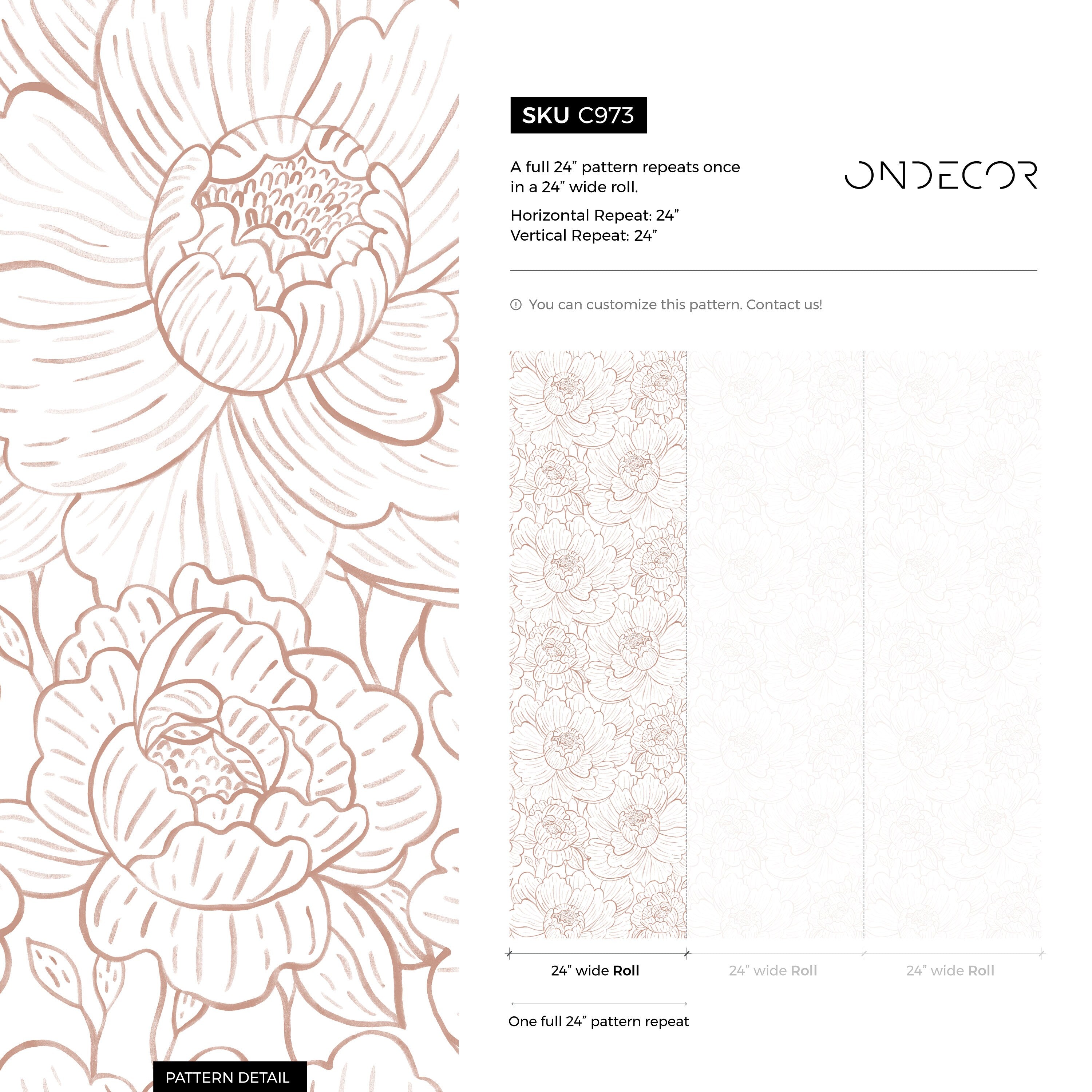 Floral Wallpaper With Minimalist Peony Outlines In Dusty Rose - C973