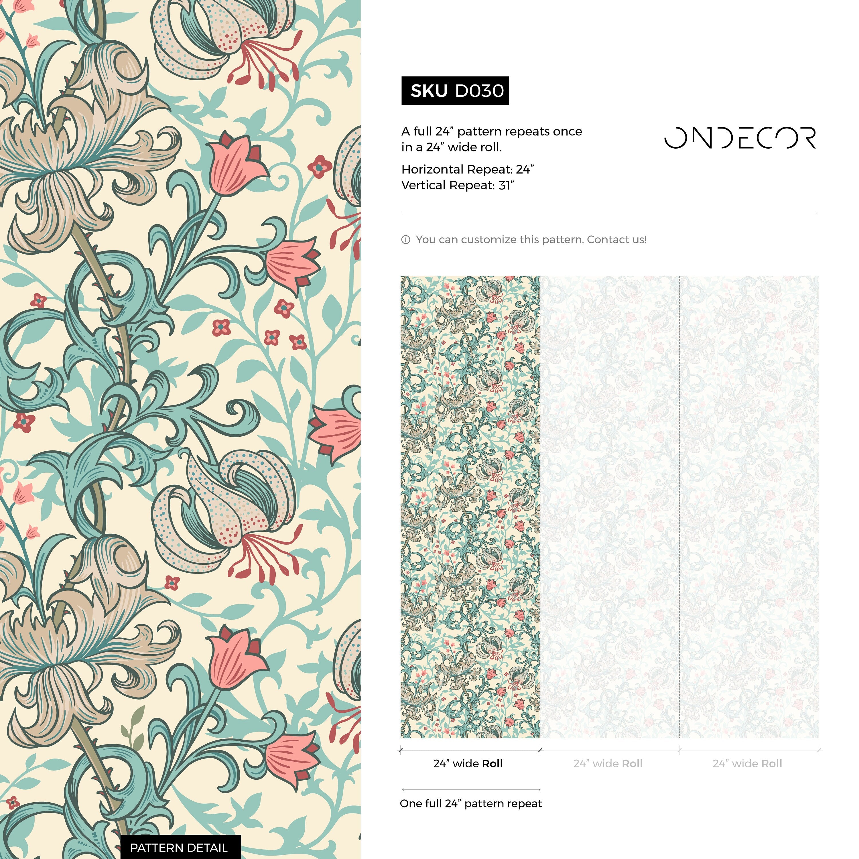 William Morris Wallpaper With An Elegant Lily Motif In Teal And Coral - D030