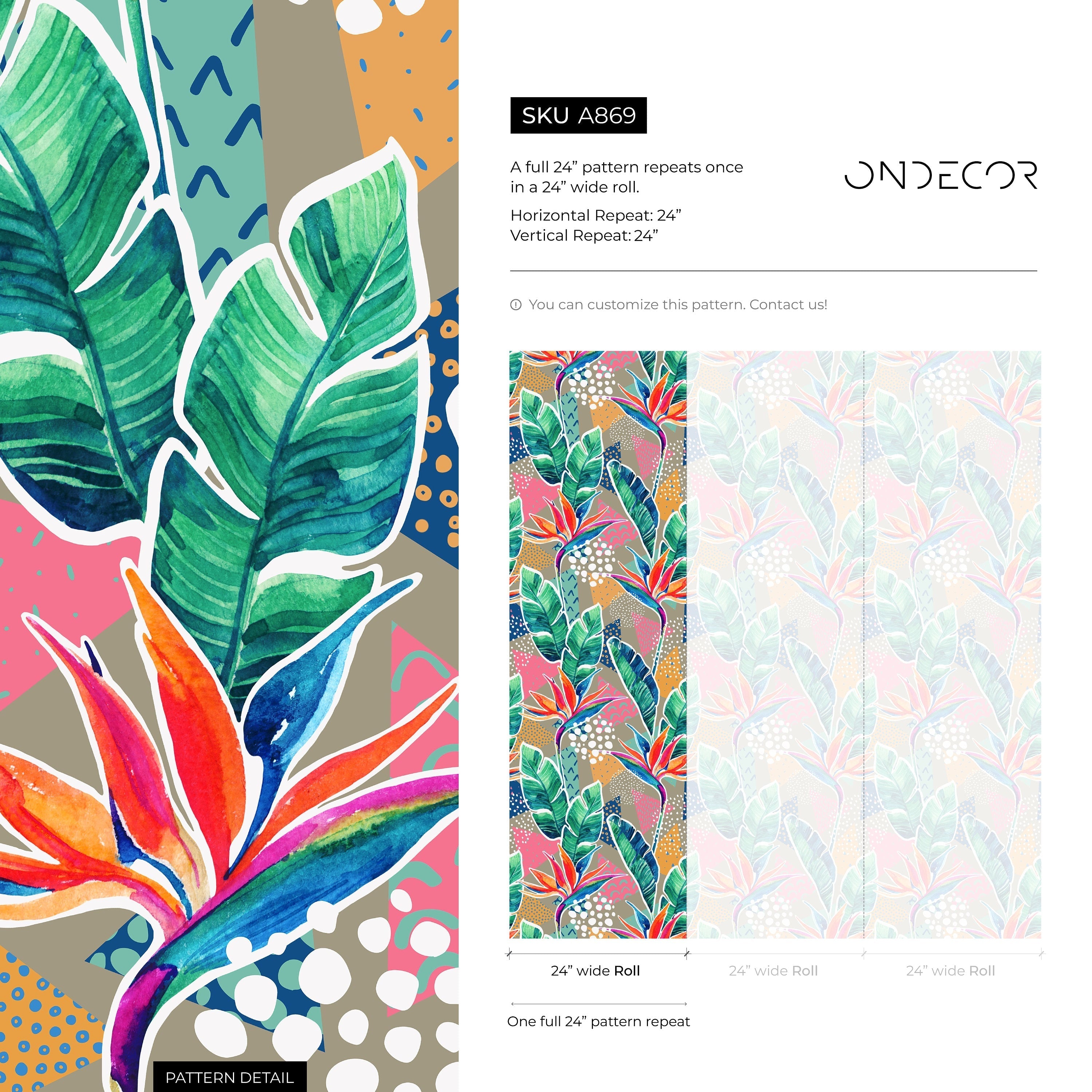 Botanical Wallpaper With Bird Of Paradise In Green, Pink, And Orange - A869