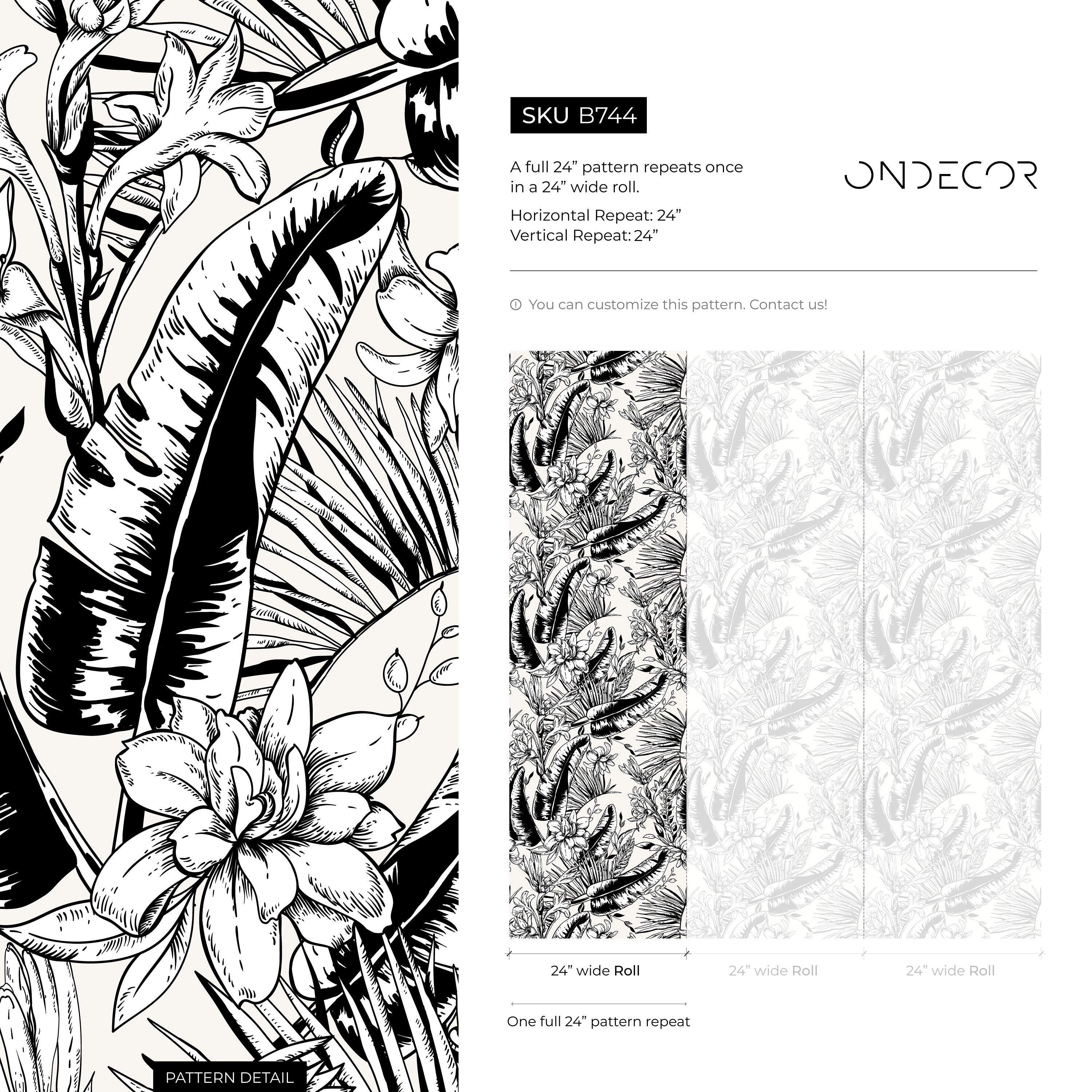Tropical Wallpaper With Sketched Jungle Botanicals In Black And White - B744