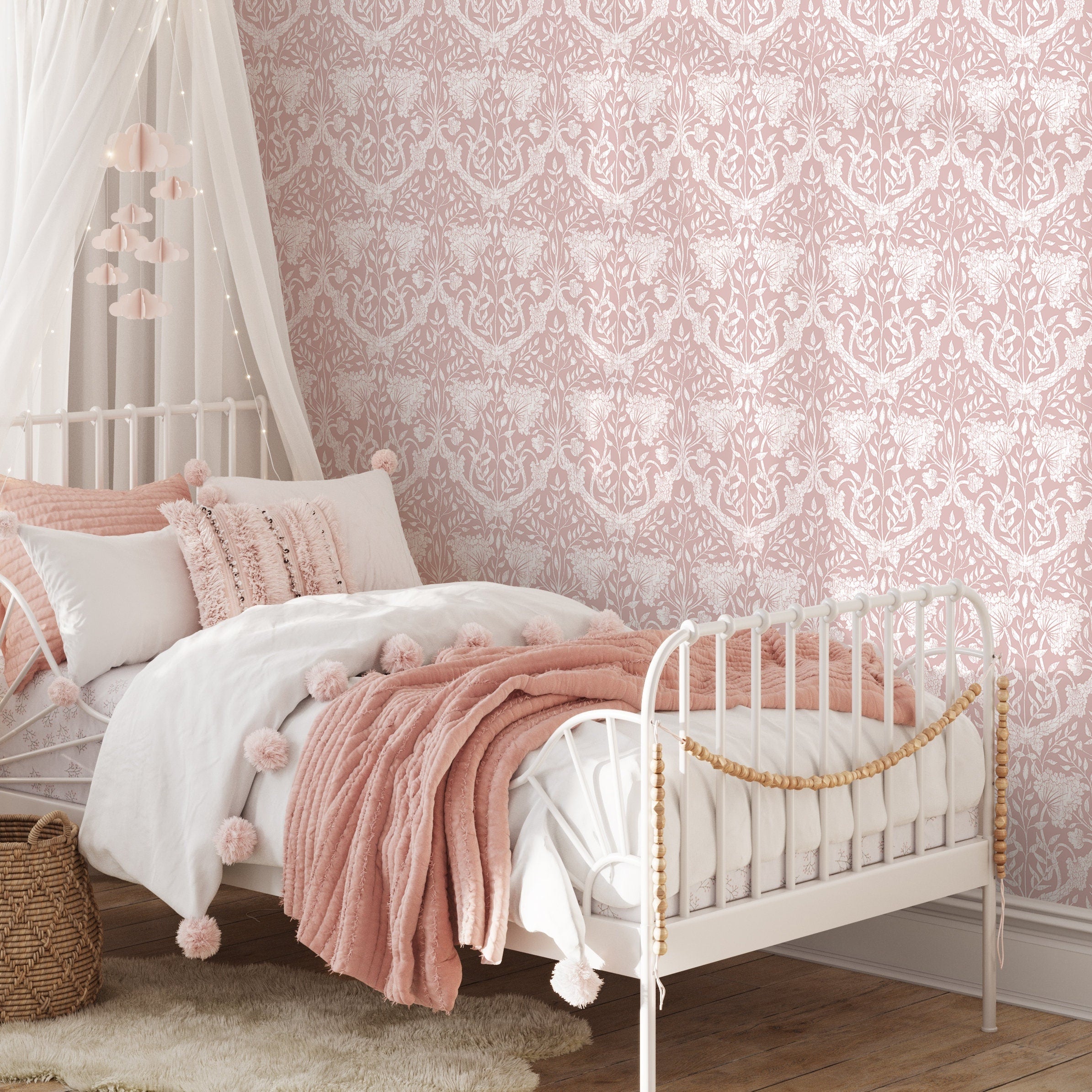 Damask Wallpaper With An Elegant Floral Motif In Pink And White - D950