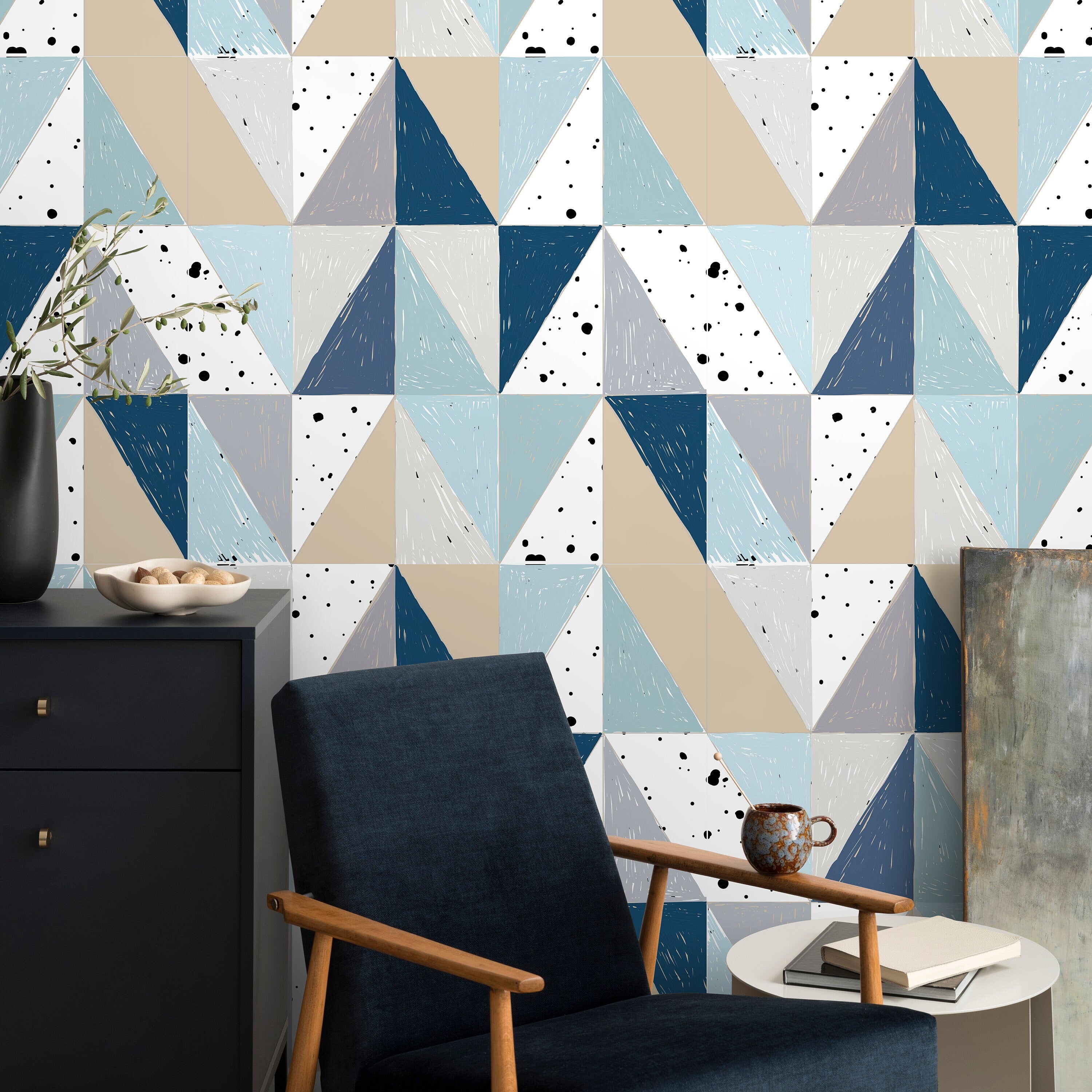 Geometric Wallpaper With Sketched Triangles In Blue, Beige, And Grey - A316