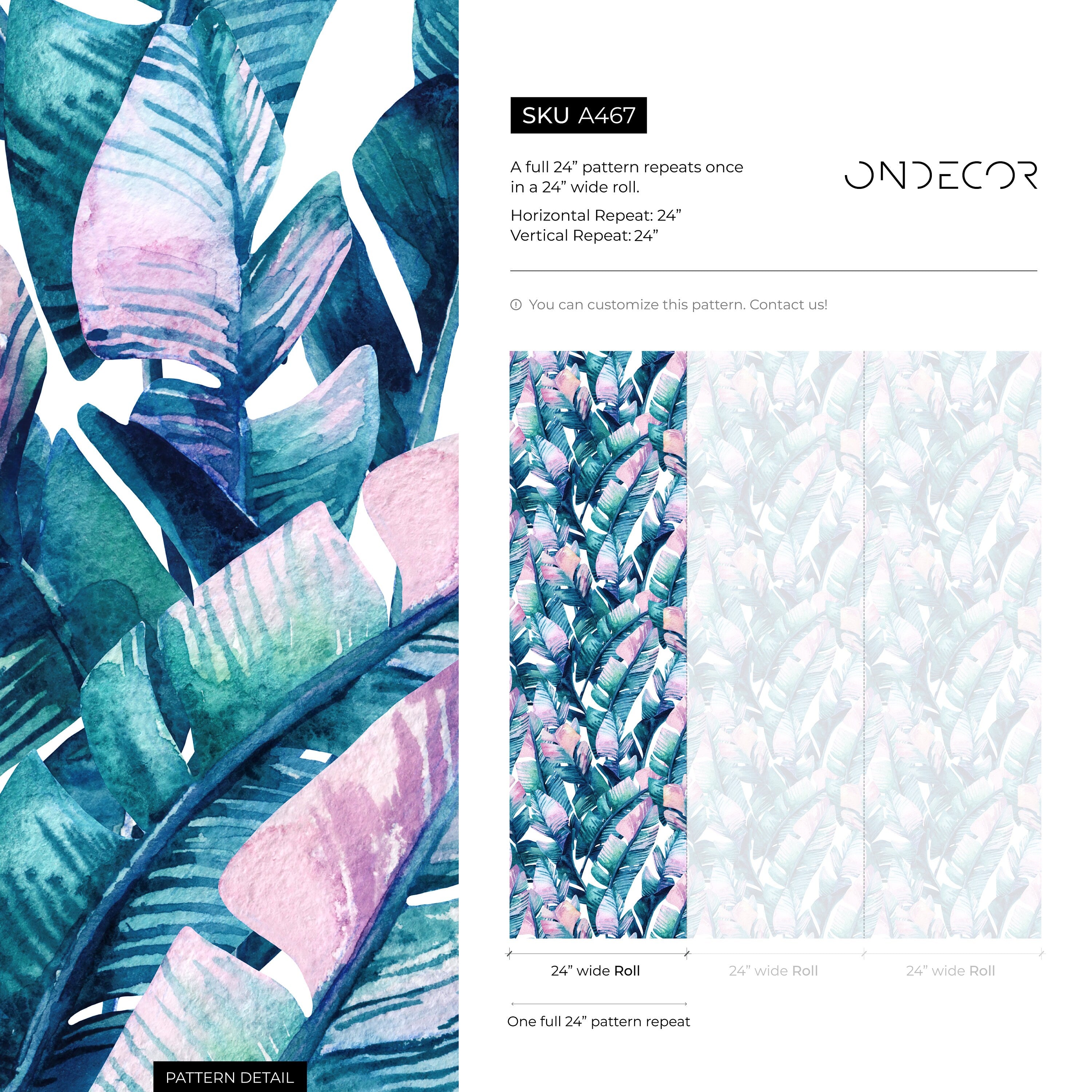 Botanical Wallpaper Featuring Painted Tropical Leaves In Teal, Blue, And Pink - A467