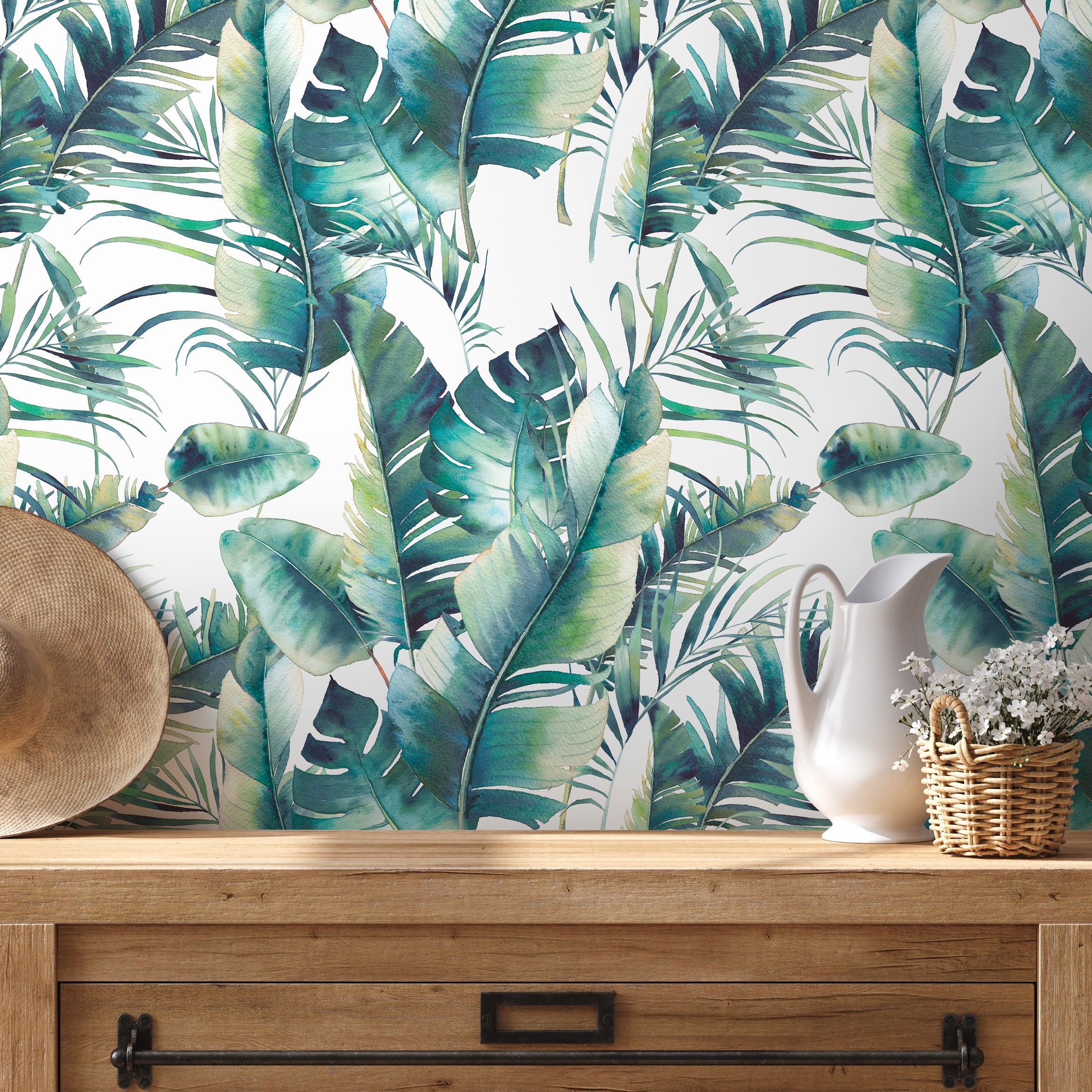 Tropical Wallpaper With Watercolor Palm Leaves In Green And Teal - A512