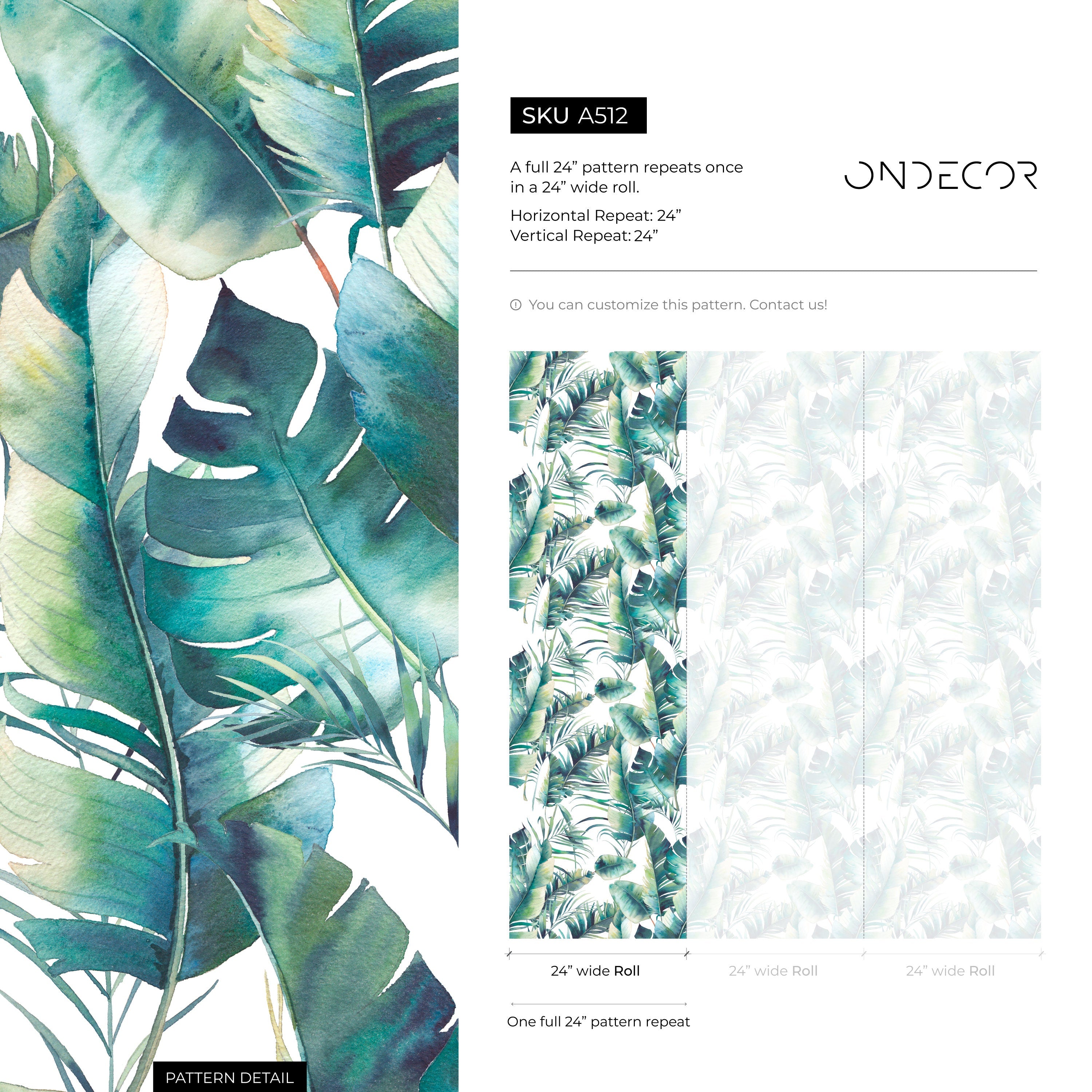 Tropical Wallpaper With Watercolor Palm Leaves In Green And Teal - A512