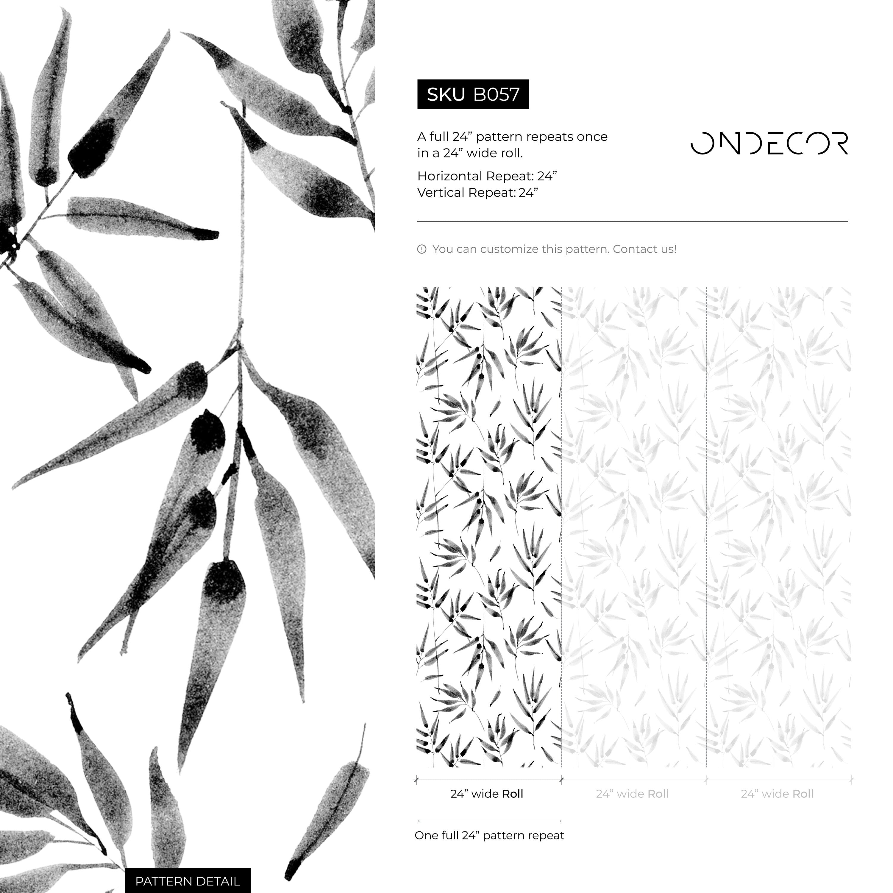Botanical Wallpaper Featuring Ink Wash Bamboo Stalks In Black And White - B057