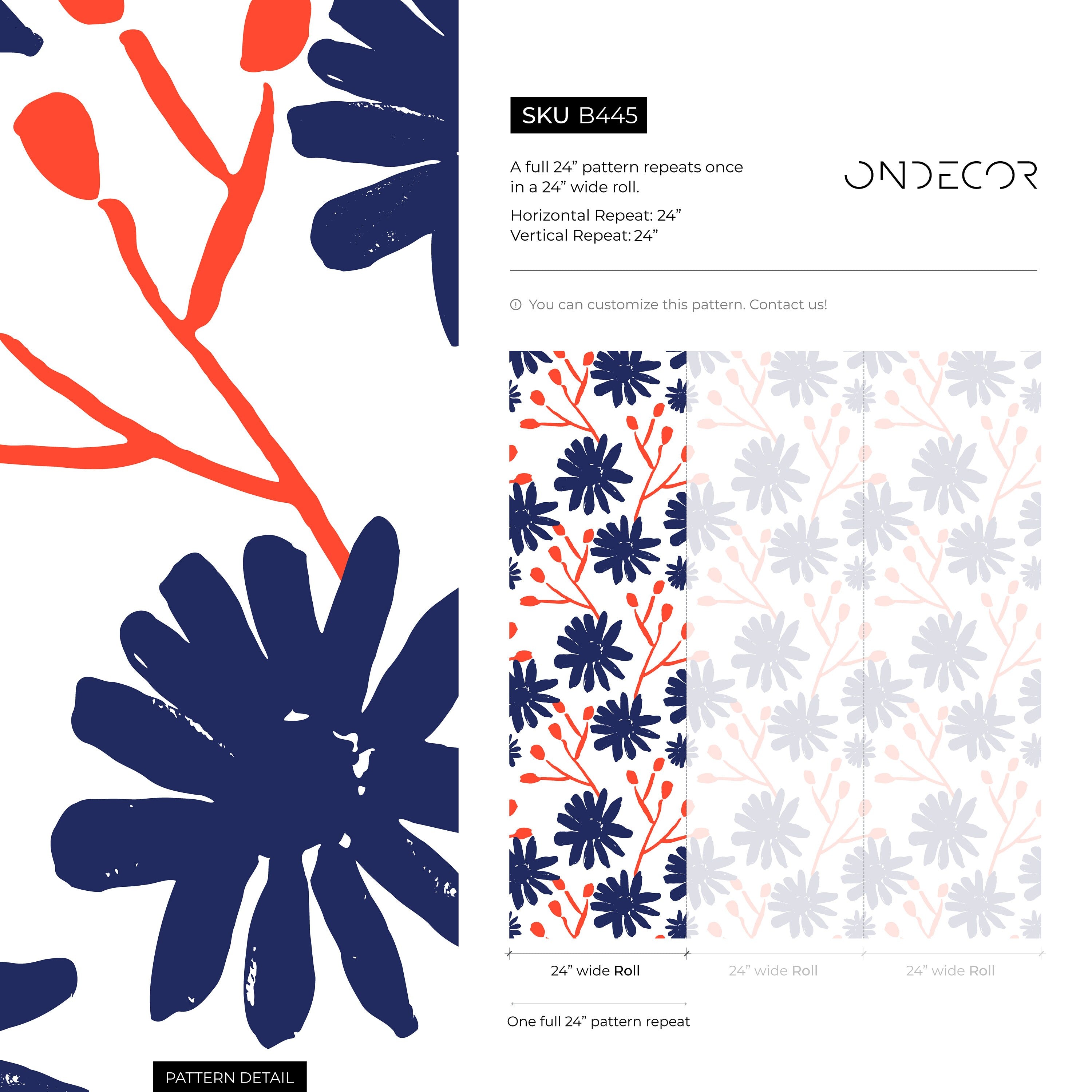 Abstract Floral Wallpaper With Stylized Blooms In Navy Blue And Red-orange - B445