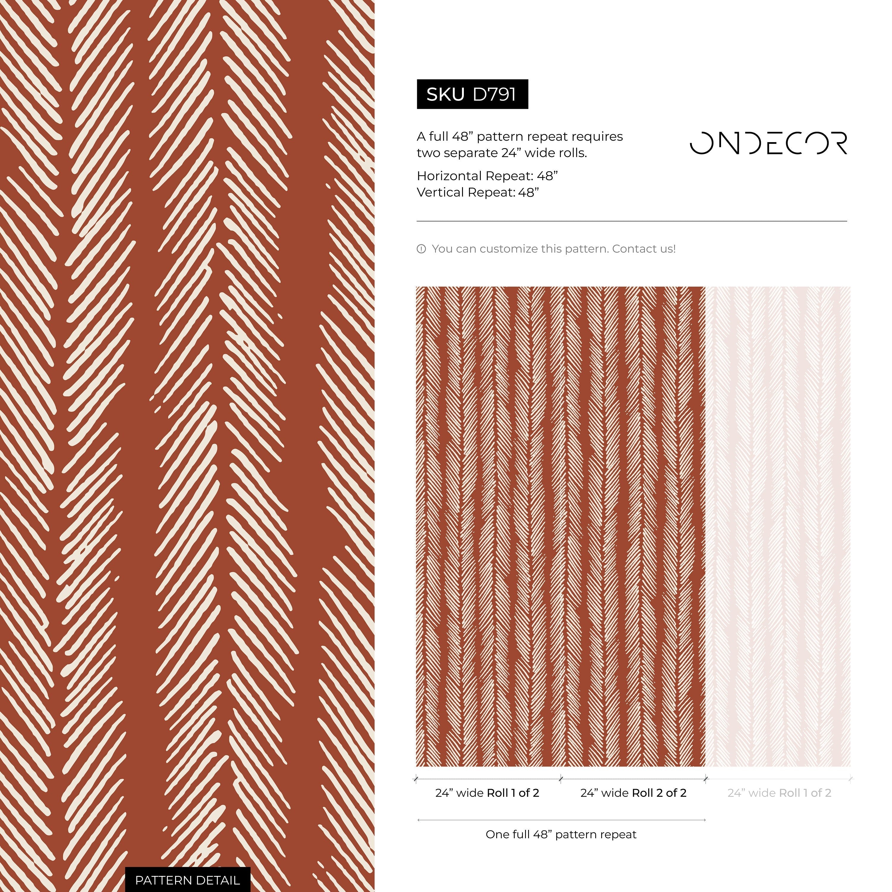 Herringbone Wallpaper With A Rustic Hand-drawn Motif In Terracotta And Off-white - D791