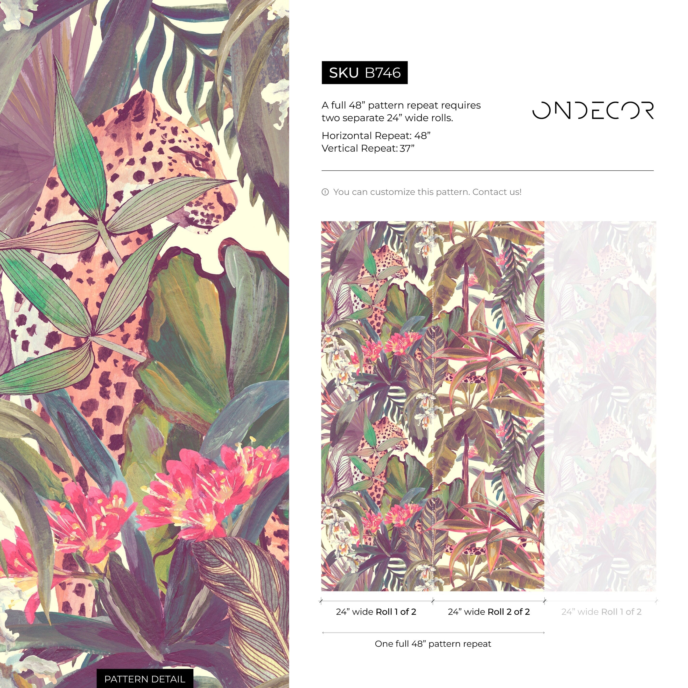 Jungle Wallpaper With A Painterly Leopard In Purple, Pink, And Green - B746