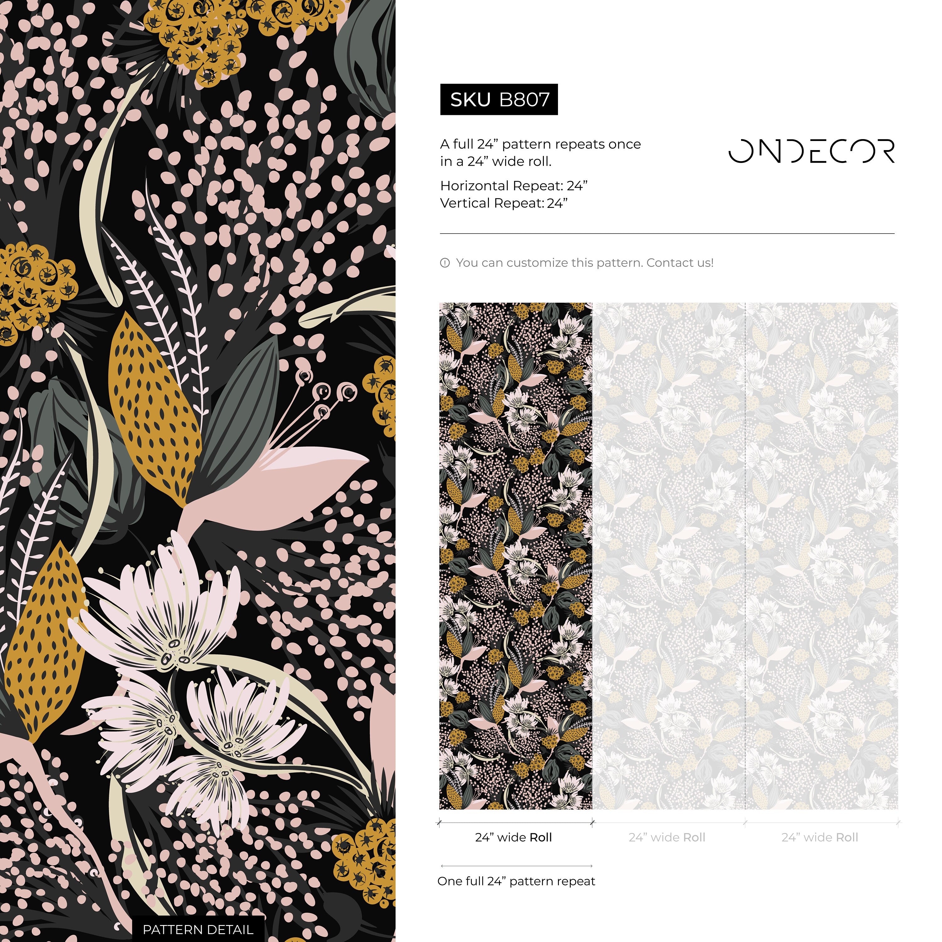 Botanical Wallpaper With Stylized Wildflowers In Yellow, Green, And Pink - B807