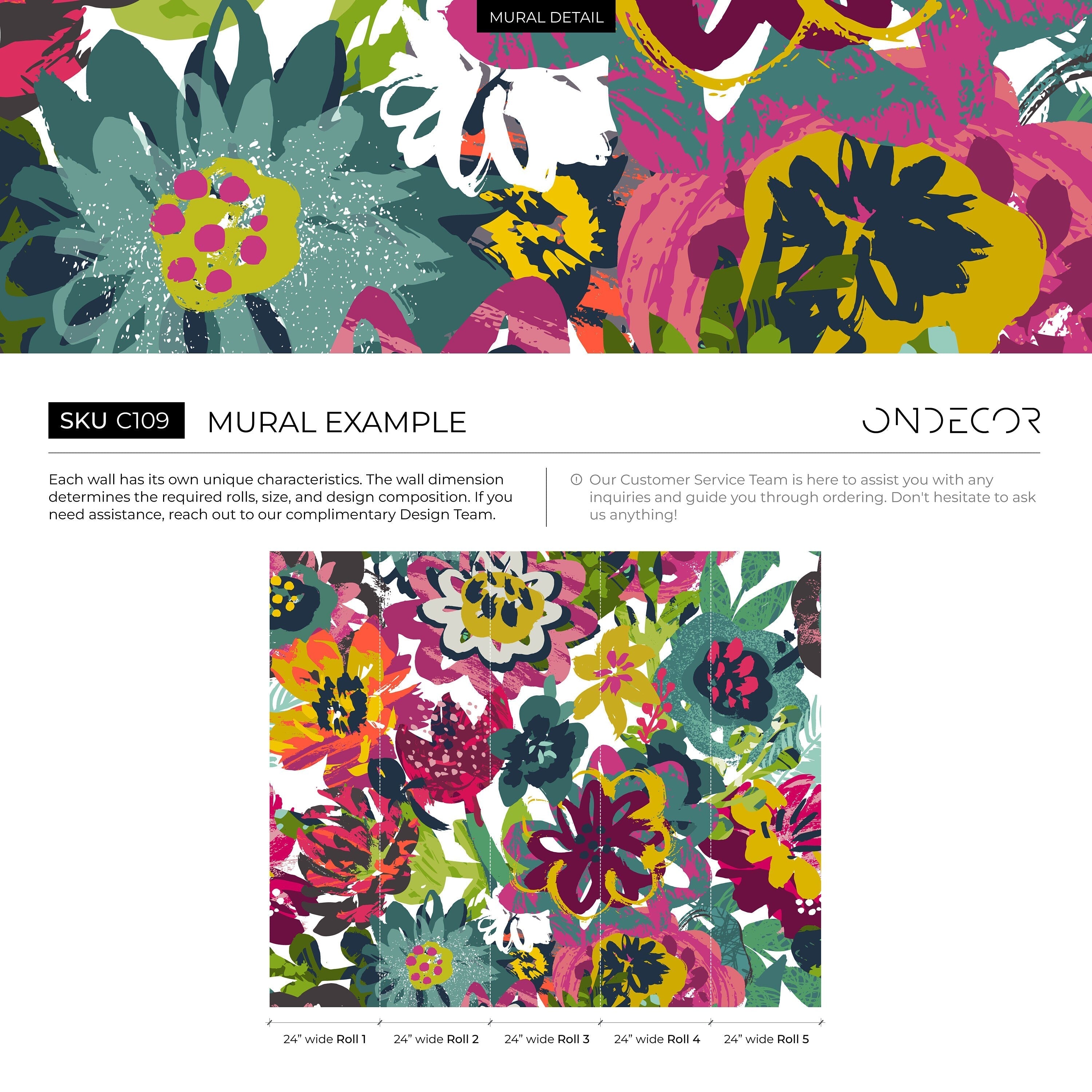Abstract Floral Wallpaper With A Bold Brushstroke Motif In Magenta, Green, And Yellow - C109