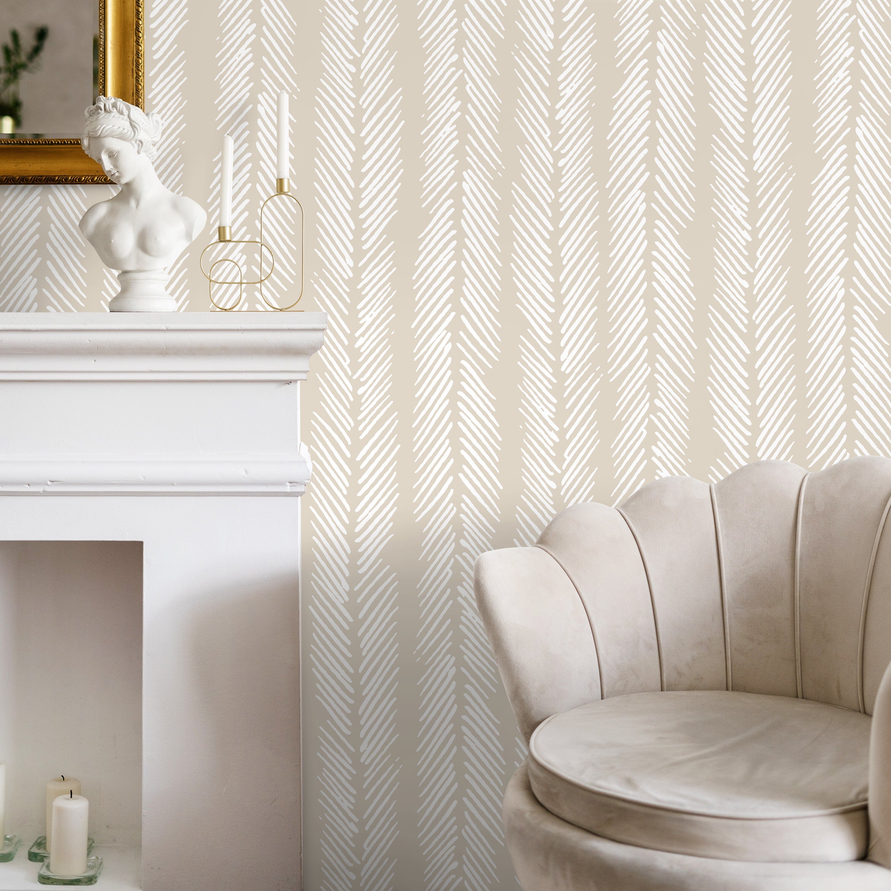 Herringbone Wallpaper With A Sketched Stripe Motif In Beige - D790
