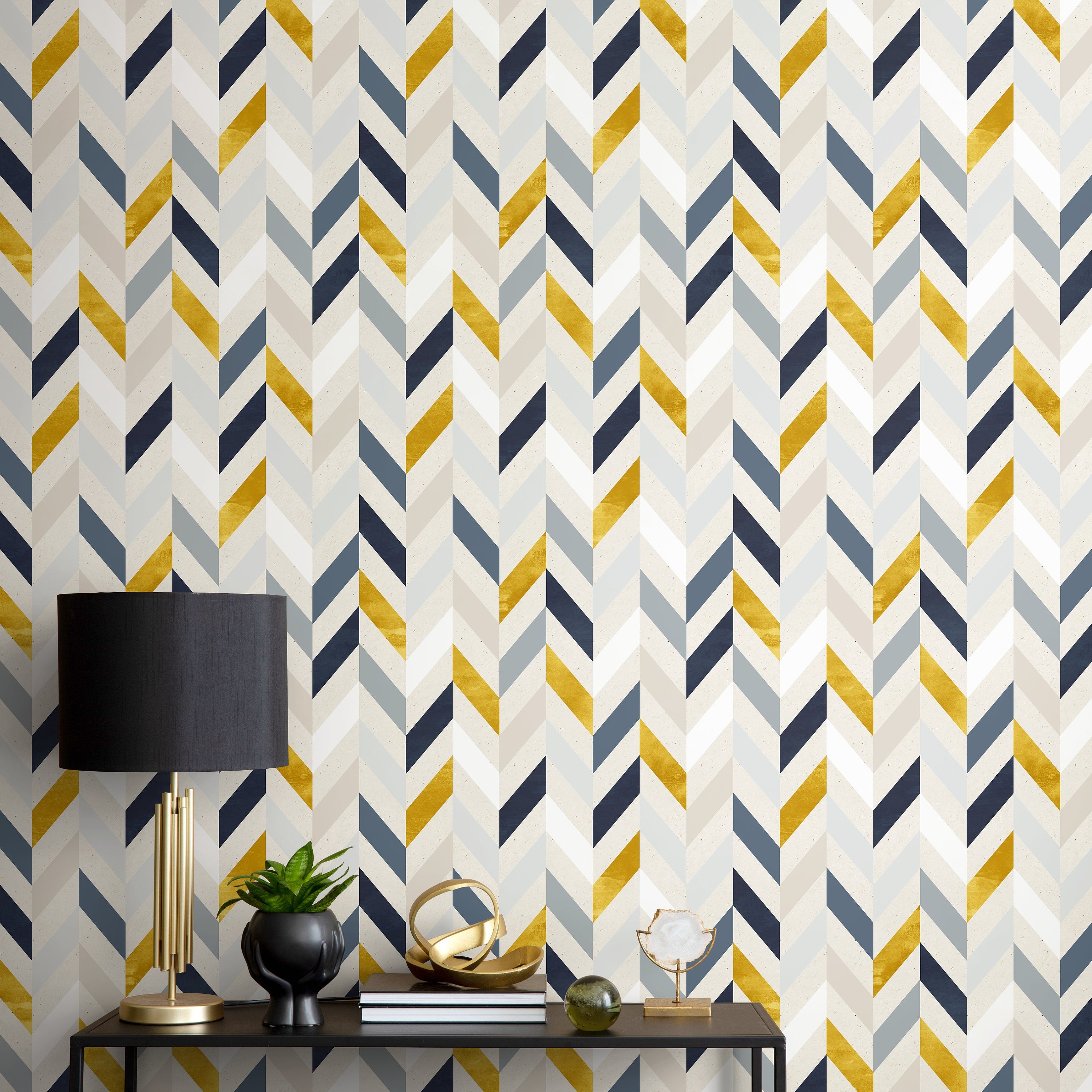 Herringbone Wallpaper With A Modern Chevron Motif In Blue, Gold, And Grey - A104